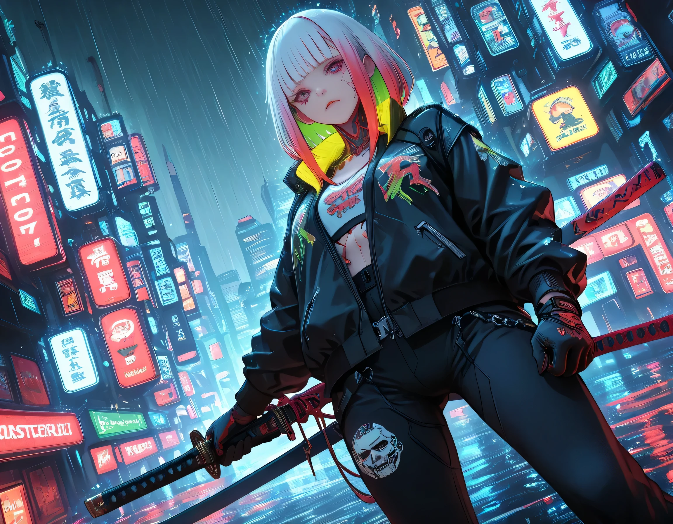 1 girl,cyberpunk,mask, full color hair,(streetwear:1.3), Yakuza jacket, gloves,cyborg,(low view), dynamic angle,rain, looking at sky,hazy cityscape, Sharp focus, dynamic angle,HD,(detailed face and eyes), katana, ancient katana, looking at viewer,score_9,score_8,score_7,score_6_up, source cyberpunk style,