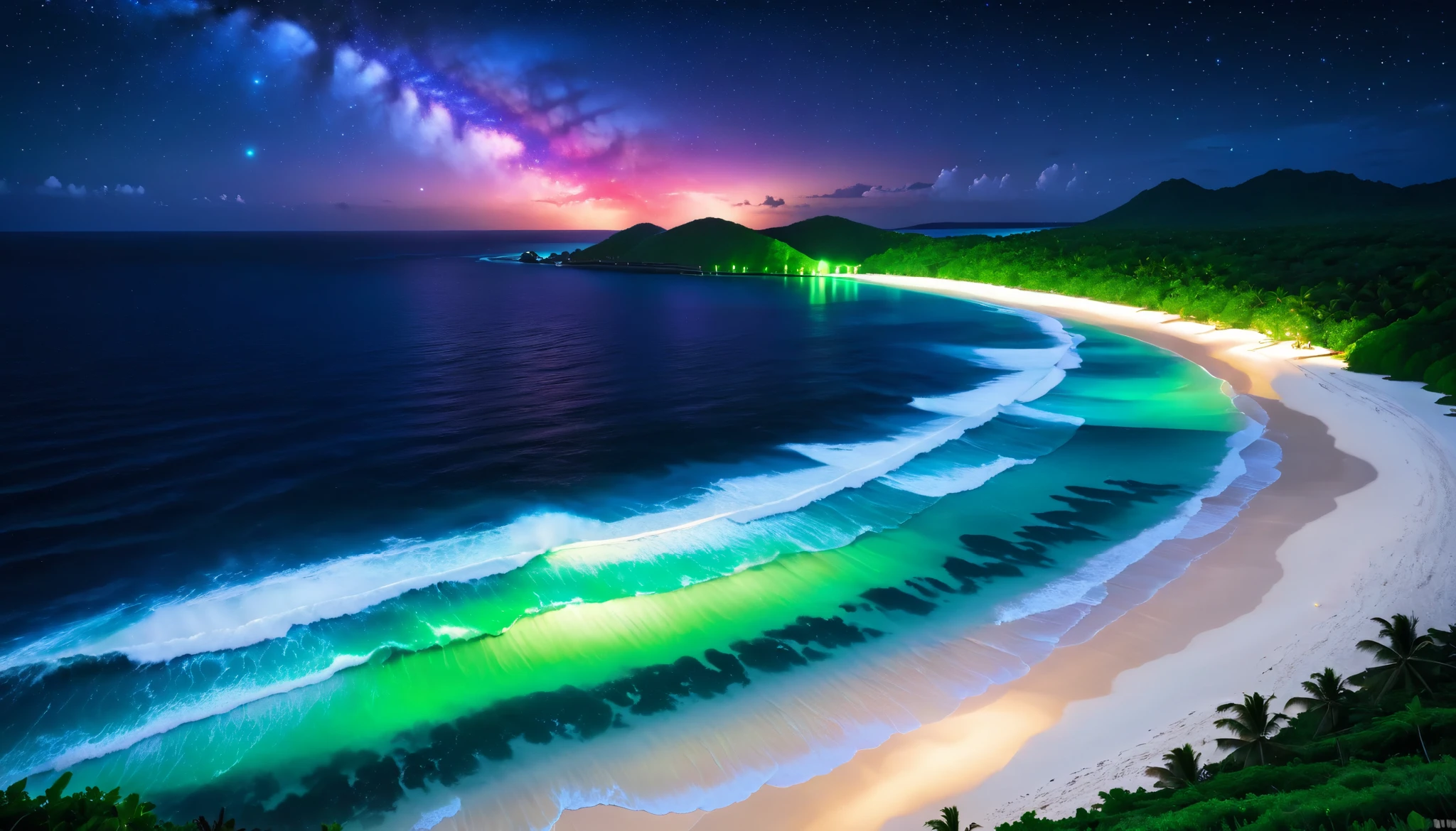 超high image quality during sick leave,high image quality during sick leave,high quality,Spectacular views at night,Tropical Beach, light green to bright green ,The ocean breeze is blowing,blue fluorescent beaches expand spectacular ocean views, blue light on waves , very mysterious and beautiful ,Glowing Waves , night light appears on waves , emits ,Biofluorescence,Various microorganisms are the light source, that shines steadily , shows all kinds of light ,Glows from blue to bright blue-green、 fiery red , Ndulu Island also has 、There are also dark purple and orange single-light beaches, Maldives,The shining Milky Way Galaxy is clearly visible in the sky,