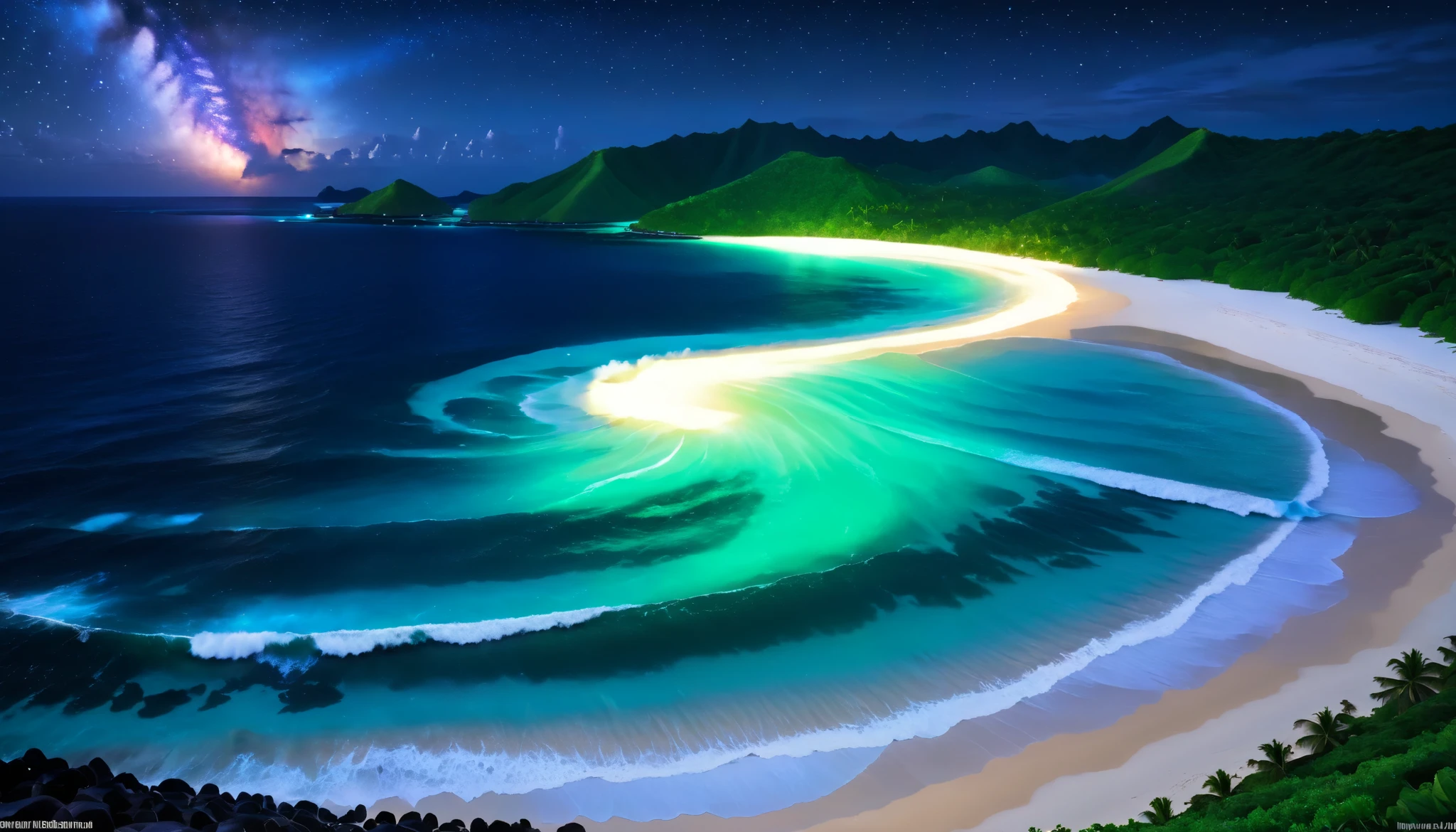 超high image quality during sick leave,high image quality during sick leave,high quality,Spectacular views at night,Tropical Beach, light green to bright green ,The ocean breeze is blowing,blue fluorescent beaches expand spectacular ocean views,Blue light shines on big waves, very mysterious and beautiful ,Glowing Waves , night light appears on waves , emits ,Biofluorescence,Various microorganisms are the light source, that shines steadily , shows all kinds of light ,Glows from blue to bright blue-green、 fiery red , Ndulu Island also has 、There are also dark purple and orange single-emission beaches, Maldives,The shining Milky Way Galaxy is clearly visible in the sky,