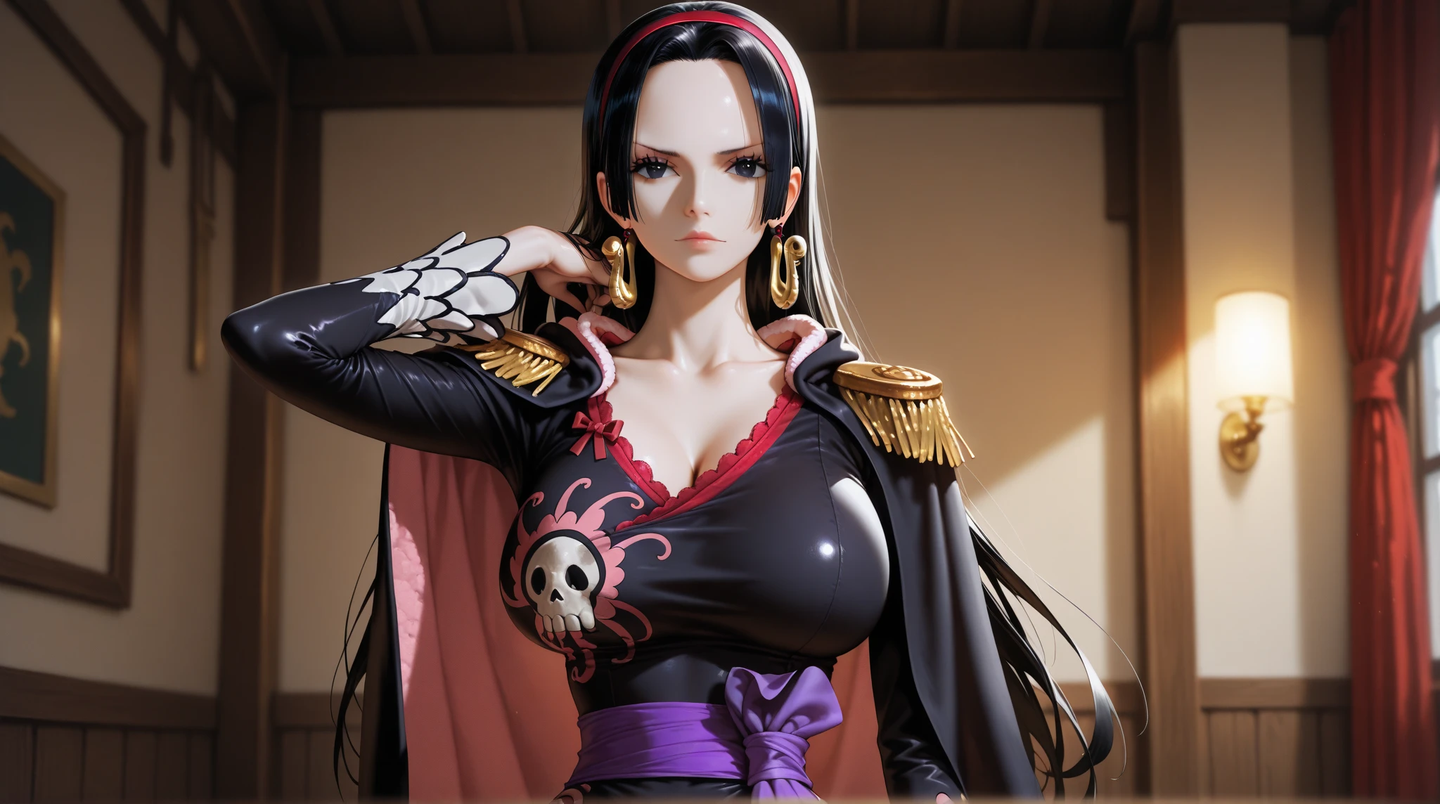 melhor qualidade, Red-eyed woman with long hair medium breasts top black medium belt black bright red eyes, cabelo preto, colar, pose fofa, black collar high black pants, frightened expression side pose, batom vermelho na boca, dentro de um navio, em alto mar, mar atras, Olhos vermelhos, cabelo longo pretos, olhos vermelhos brilhantes, pirata, navio de pirata, arqueologa colar, bracelete, usando oculos de arqueologa, boa hancok Cobra amarela pose sensual pose para foto nico robin cobra com escamas amarelas
