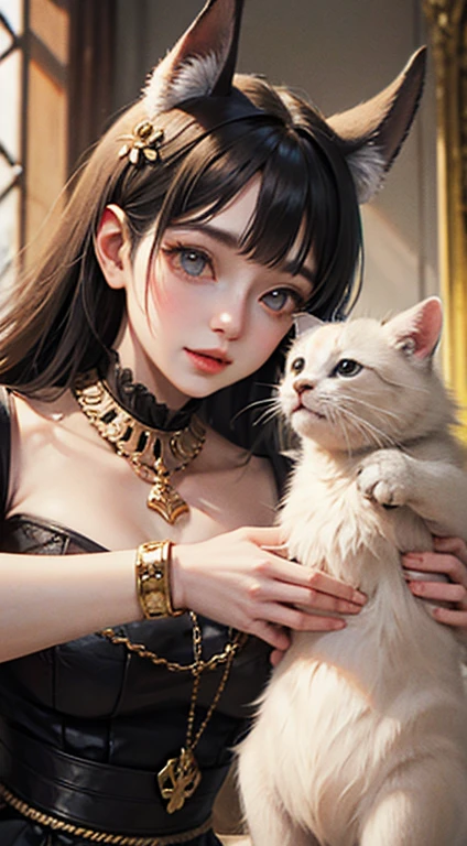 There was a woman holding two cats and a cat sitting on her lap, very beautiful cute catgirl, Attractive cat girl, beautiful young catgirl, White Cat Girl, trending on cgstation, White ( cat ) Girl, Guviz-style artwork, Very beautiful anime cat girl, WLOP and Sakimichan, Guviz