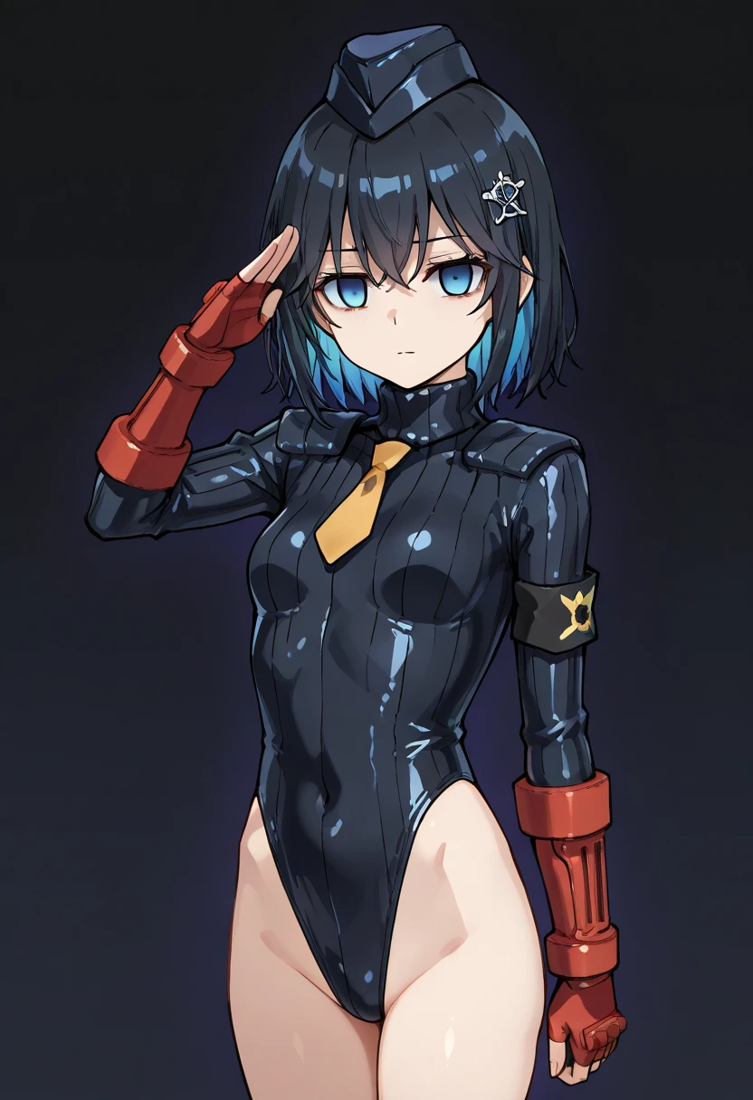 Masterpiece, Best Quality, Highly detailed, illustration, absurdres, street fighter, doll suit, shadaloo doll, agent aika, girls, multiple girls, expressionless, blank eyes, looking at viewer, red gloves, emotionless, black latex, corrution, mind control, female combatant, full body, hypnotized, unhappy trance, full body suit, leotard, perfect female body, extremely glossy latex, Delmo Uniform, belt, hypnosis, hypnoLora, empty eyes, Mind control device, thigh high, poses, submissive_pose, visor, standing, standing at attention, standing at attention, Slave, full tight leg, hat, ribbed bodysuit, nazi saluting, military, military saluting, salute, naughty face, thick_thighs, latex thigh boots, dark magical girl, SummerTime Rendering, Kofune Mio, dark skin, black hair, short hair