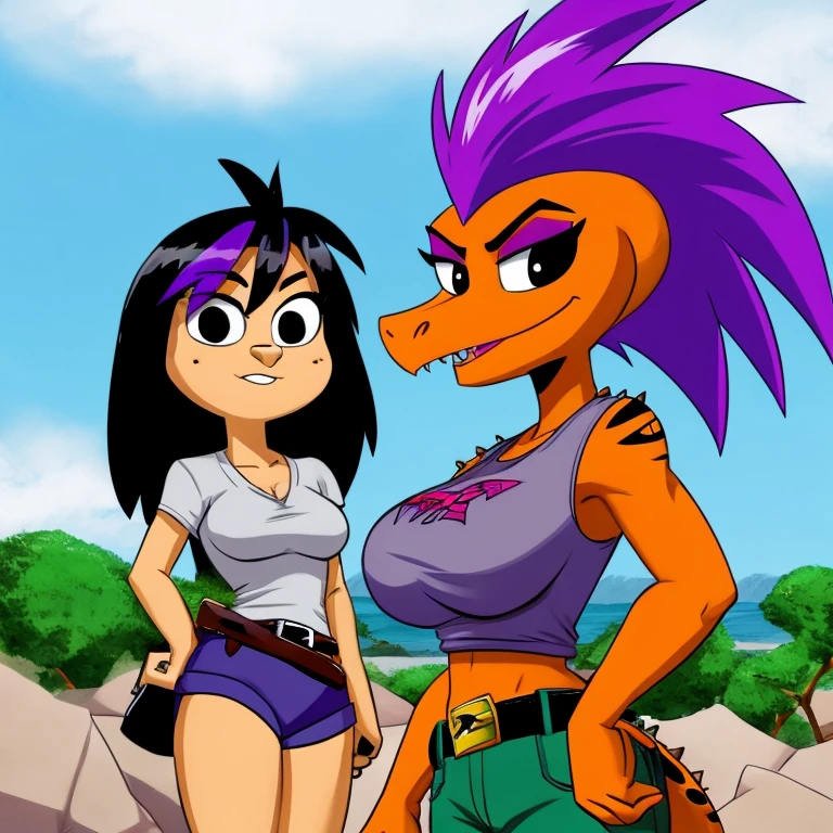 a stylized anthropomorphic lizard or dinosaur character named "Payton." The character is standing confidently with one hand on her hip and a fierce expression. She has a muscular build and is dressed in a purple outfit resembling a sports bra and shorts, and has thick thighs, accessorized with a belt. The character has a reptilian tail, claws, and two prominent horns on her head. The overall design is cartoonish, with bold lines and a simple color palette dominated by earthy tones for the skin and purple for the outfit. The name "Payton" is written in a dynamic, handwritten style next to the character.