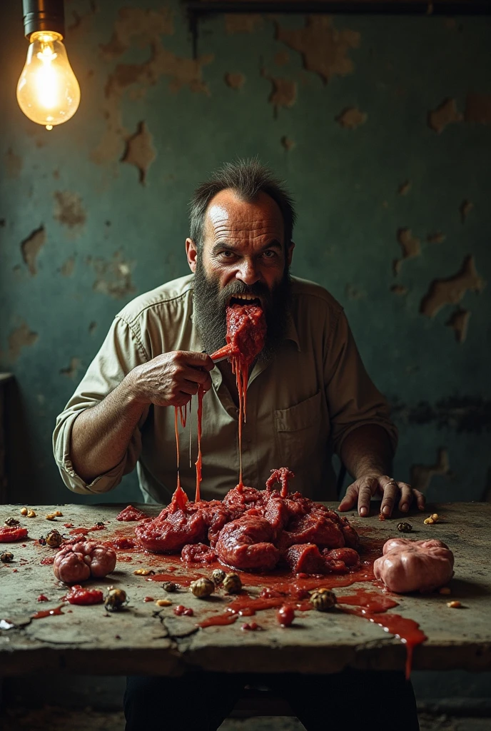 Create a realistic close-up image of a cannibal bearded man eating a human limb