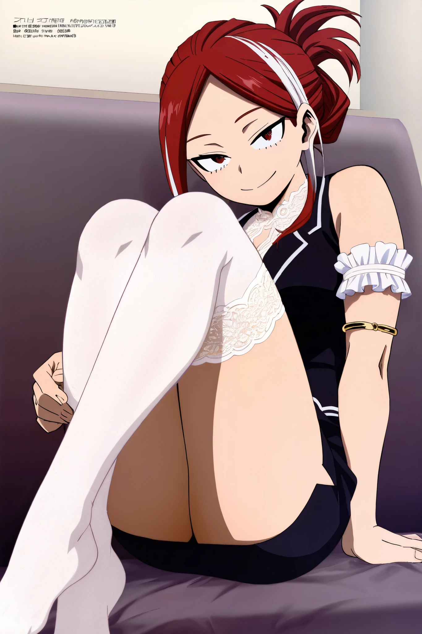 My Hero Academia 八Hundred万 Hundred,1woman,megami magazine, medium breasts、tsurime ,1girl low twintails red hair hair up folded ponytail、tsurim ,only black vest、.black pencil skirt,white lace thigh-high socks , arm garter armlet,white streaked hair ,seductive smile