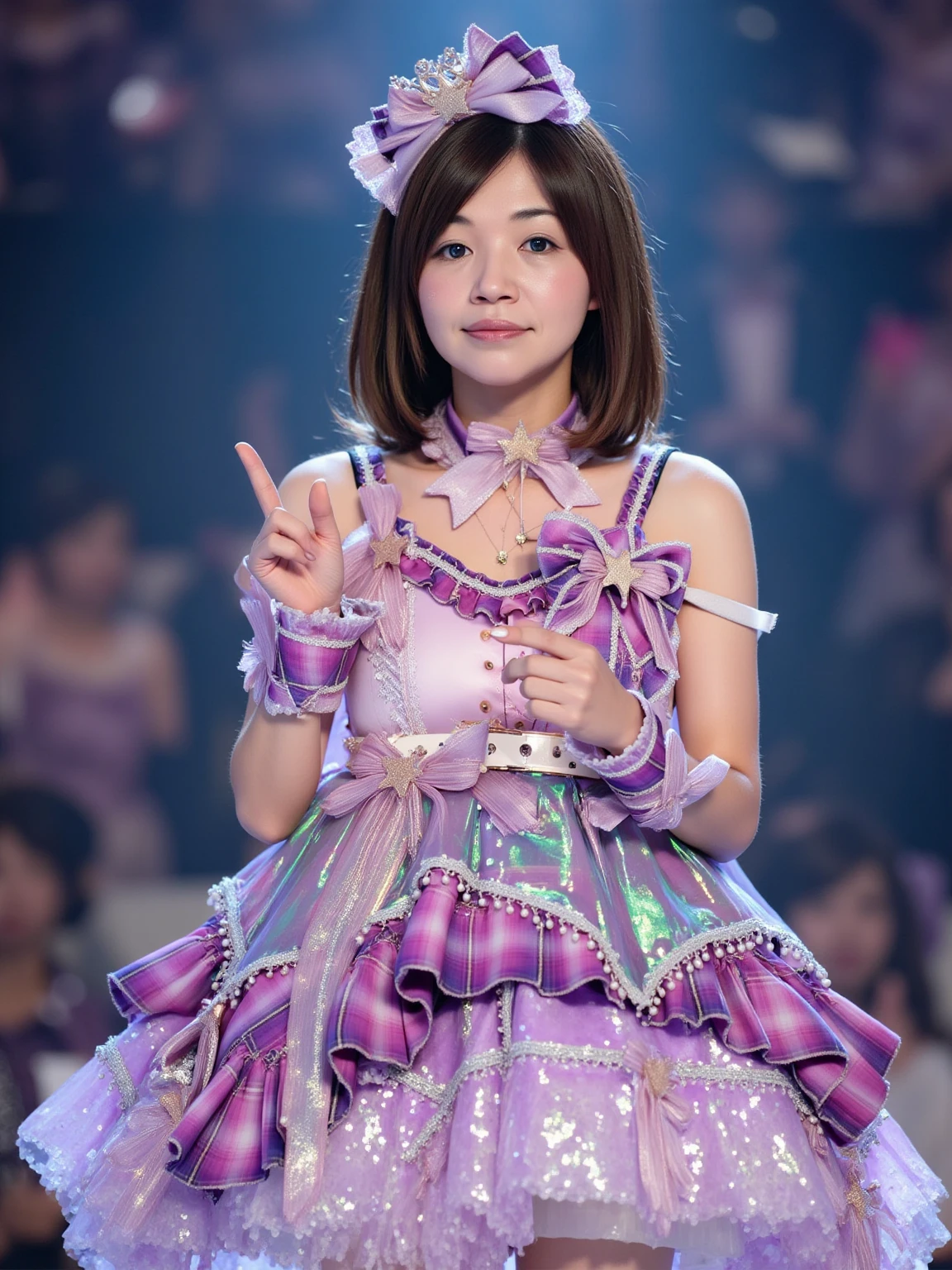 {{{masterpiece}}}, {{{best quality}}}, {{ultra-detailed}}, {illustration}, {{an extremely delicate and beautiful}}, (Best quality, 8k, 32k, Masterpiece, UHD:1.2),Photo of Pretty Japanese idol girl, top quality, best quality, realistic, unity, 8k wallpaper, official art, extremely detailed  wallpaper,(3girls:1.5),((with lots of decorations) pink dress idol costume:1.4), (sweaty skin:1.3),,Chilg smile:1.3),(take the spotlight:1.1),(stand microphone:1.5),(sing:1.5),(very short bob hair:1.3), (colorful hair:1.3),earrings,looking at viewer,(high detailed skin),realistic body,(small breasts:1.4),cute girl, famous japanese idol,(standing),(low view),(lift skirt:1.1),(show off panties:1.2),(open panties:1.2),(colorful race panties:1.3),(panties juice:1.4),(looking at viewer:1.1),(idle stage :1.5)