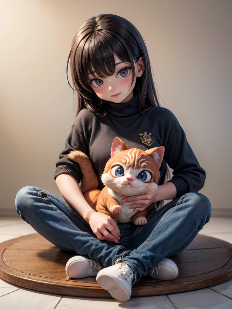(masterpiece,best quality),HDR,high-definition,Intricate Details,cinematic,expressive,1girl, cute face, cat ears, thick oversize sweater, hugging holding kitty, kitty on his head, kitty on his shoulder.