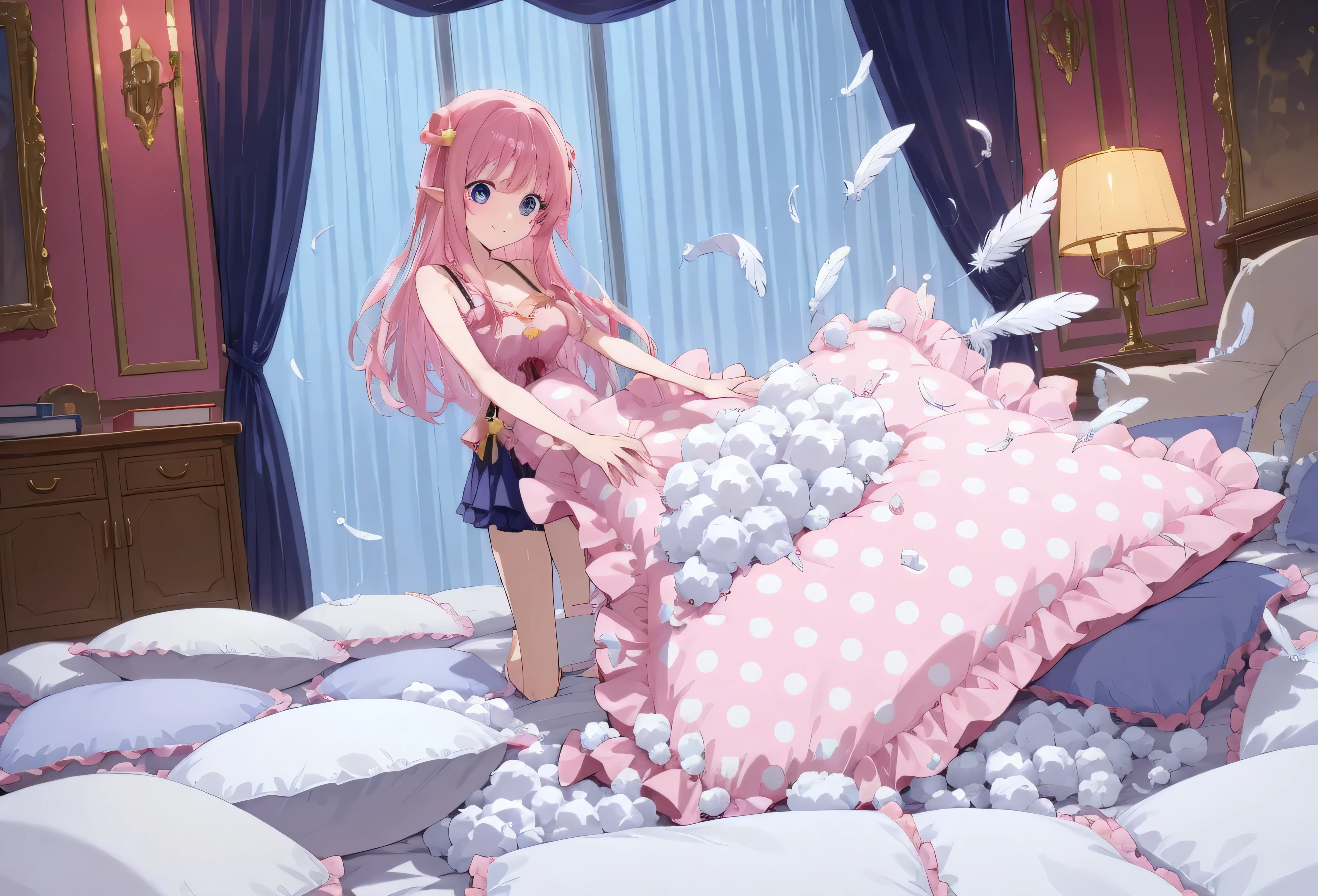 (best quality, masterpiece) , details, (Light and shadow oxtail) , Cute girl posing on pillow ,Pillow, Upholstered,Soft pillow,(Pillow),The love surrounding the protagonist,steam,(Luxury Pillow),(Gorgeous pattern pillow),luxurious pillow, standing,(Love around the protagonist),(pillow), long hair, frilled pillow , ((pink pillow)) , 1 pillow, standing on a top of pillow, on pillow, big pillow, fluffy pillow, pillow damage, stomping pillow, stonping, pillow on floor, stepping on pillow, posing on top pillow, full body, pillow on floor, (((pink hair))), hatsune (princess connect), (((feathers))), pillow destroy, ripping pillow, tearing pillow in half, feathers everywhere, cotton, stuffing pillow, purple eyes, hair rings, star hair ornament, pointy ears, white satin frilled pillow with pink polkadot pattern