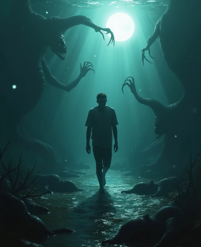 Explorateur de la peur, des phobies humaines, all kinds of phobias present in front of the character, which represents fear. La peur ou les phobies doivent être près du personnage. The character is seen from behind