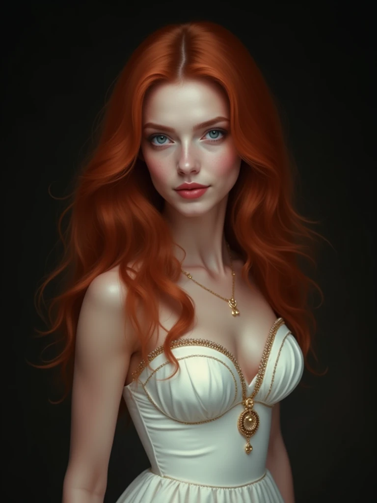 Woman, white-skinned , long reddish brown hair , clean eyes, fleshy lips, wearing red lipstick, strong makeup, with an air of power, wearing a white dress 