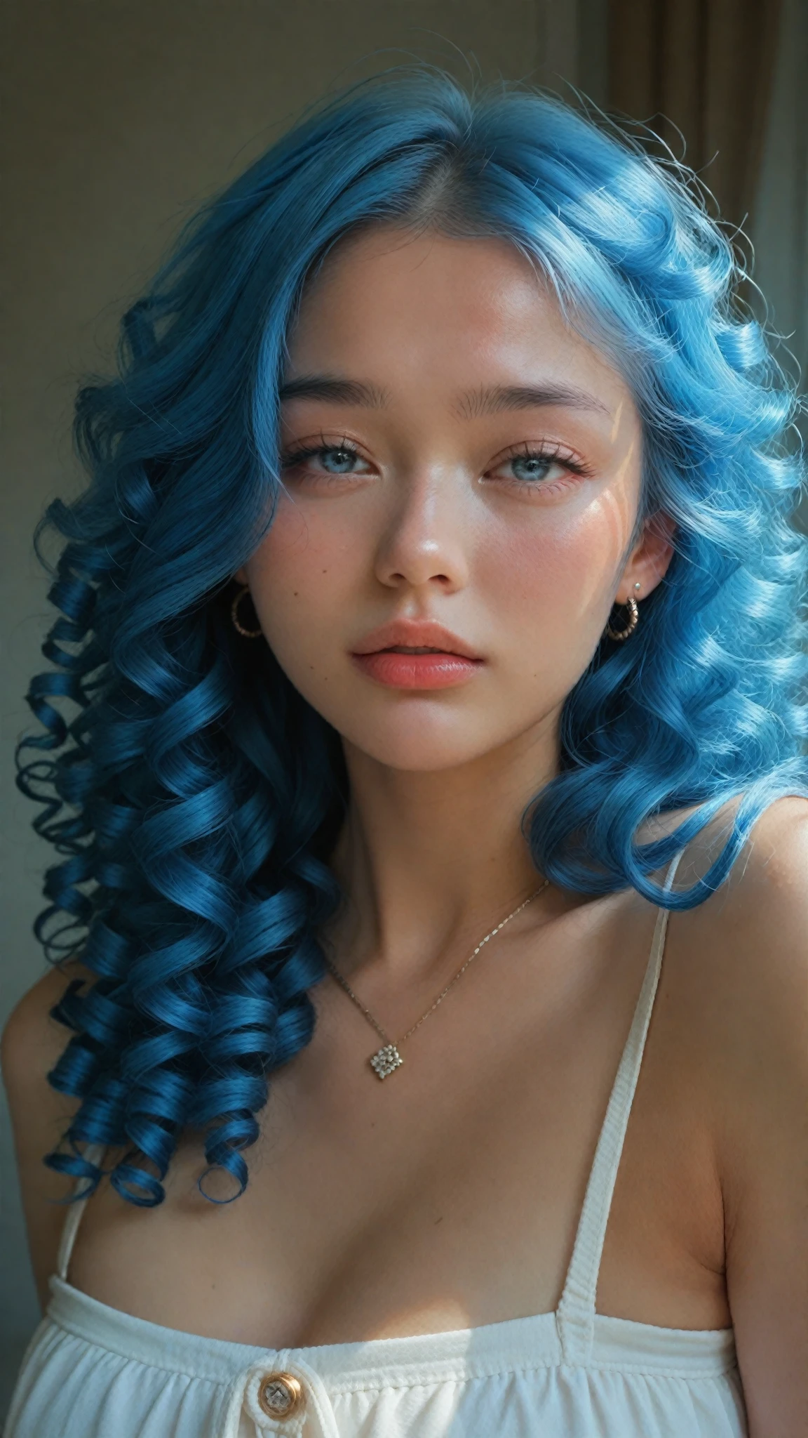 She's super made-up, blue eyes,  Short blue hair , Korean, (She's super made-up, Long curls, outlined)