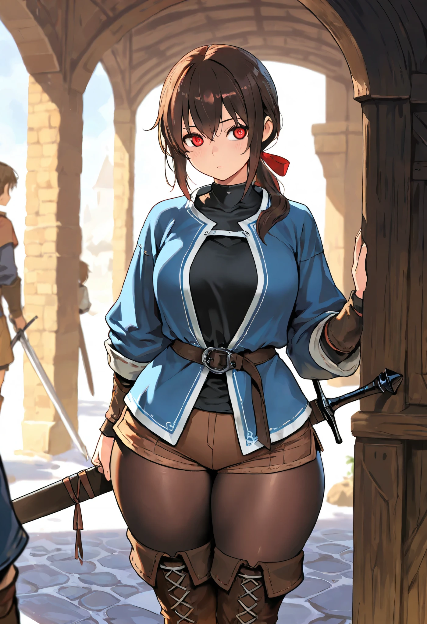 high quality,masterpiece,detailed depiction,One person,girl,Adventurer,fantasy,Deep red eyes,Dark brown hair,low ponytail,big thighs,long thin red ribbon,long blue jacket,jacket with a collar,black shirt,brown shorts with white dowels,brown very long boots,A scabbard and a sword at the waist,brown tights socks,