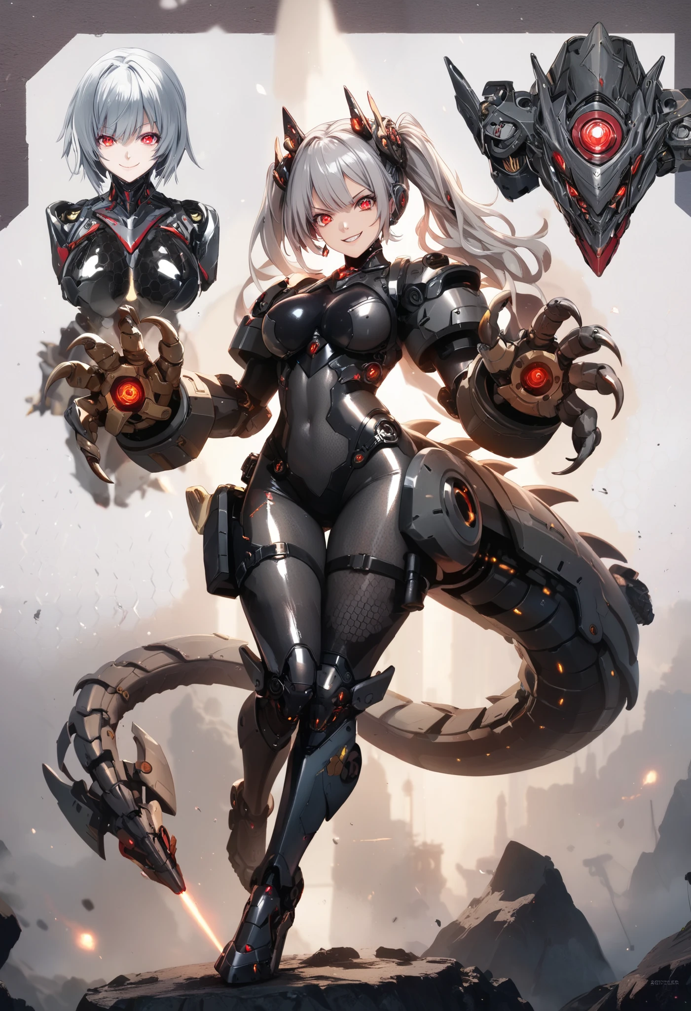 Mechanical Weapon Girl. (Close-up)Full body bodysuit. Latex. Cyber style. Honeycomb pattern bodysuit. Light armor. Look of contempt. Evil smile. Grey hair. Breasts perky. Glowing red eyes. Glowing core. A mechanical monster in the background. Large mechanized hands. Sharp claws. Mechanical dragon tail. Weapons on the back. Battleship elements.