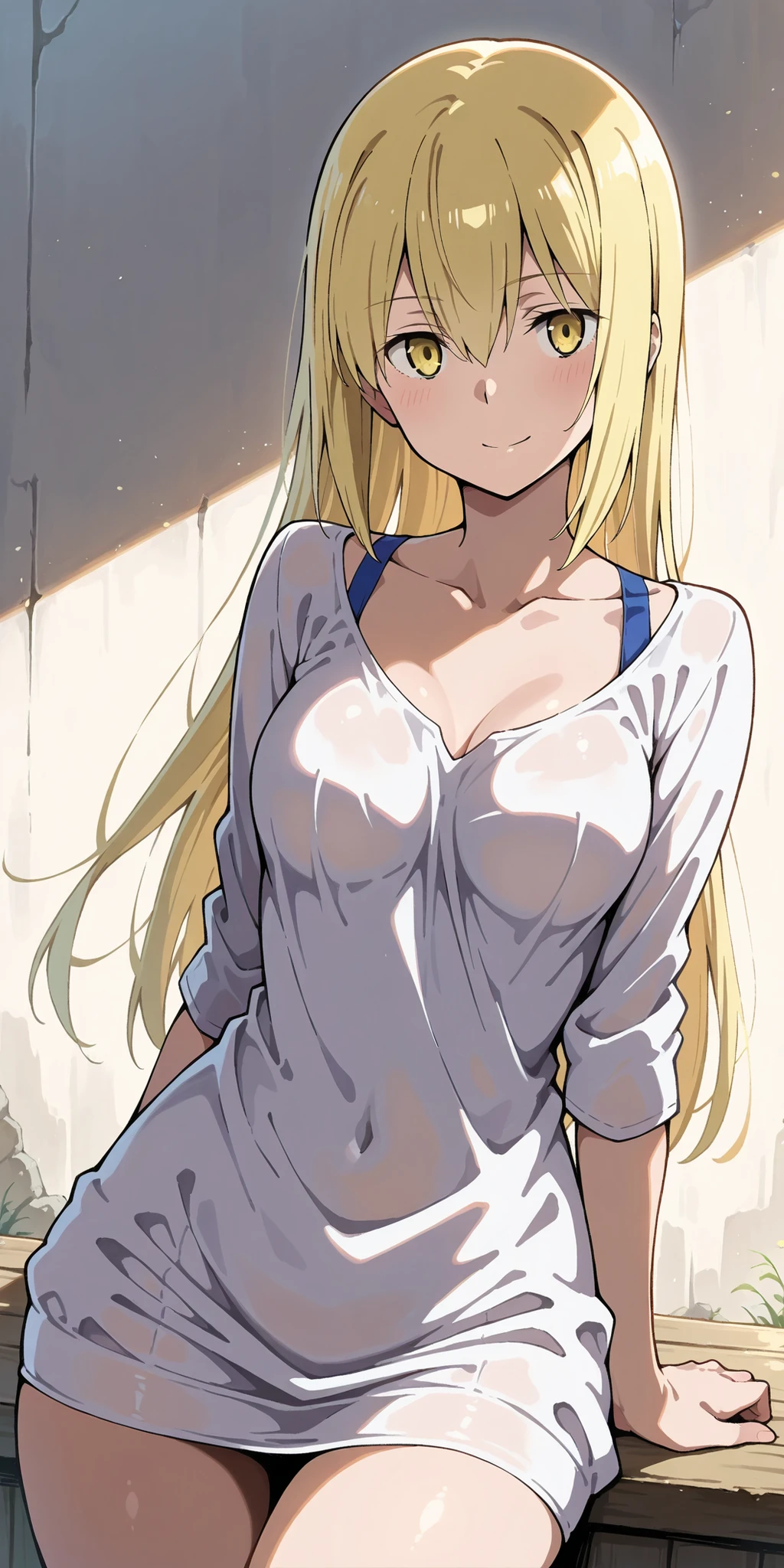 (1girl, Priestess \(goblin slayer!\), goblin slayer!), beautiful detailed eyes, Blue eyes, beautiful detailed eyes, yellow eyes,(tareme:1.3), curvy, Slender, large breasts, (black thigh highs), (cleavage) , (sexy pose), (bewitching pose), (crop top navel), (Naked Towel, (see-through Naked Towel, 粘着性のあるNaked Towel)), (close-up shot), dynamic angle, Highest quality, Super detailed, masterpiece, Ultra-high resolution, 8k