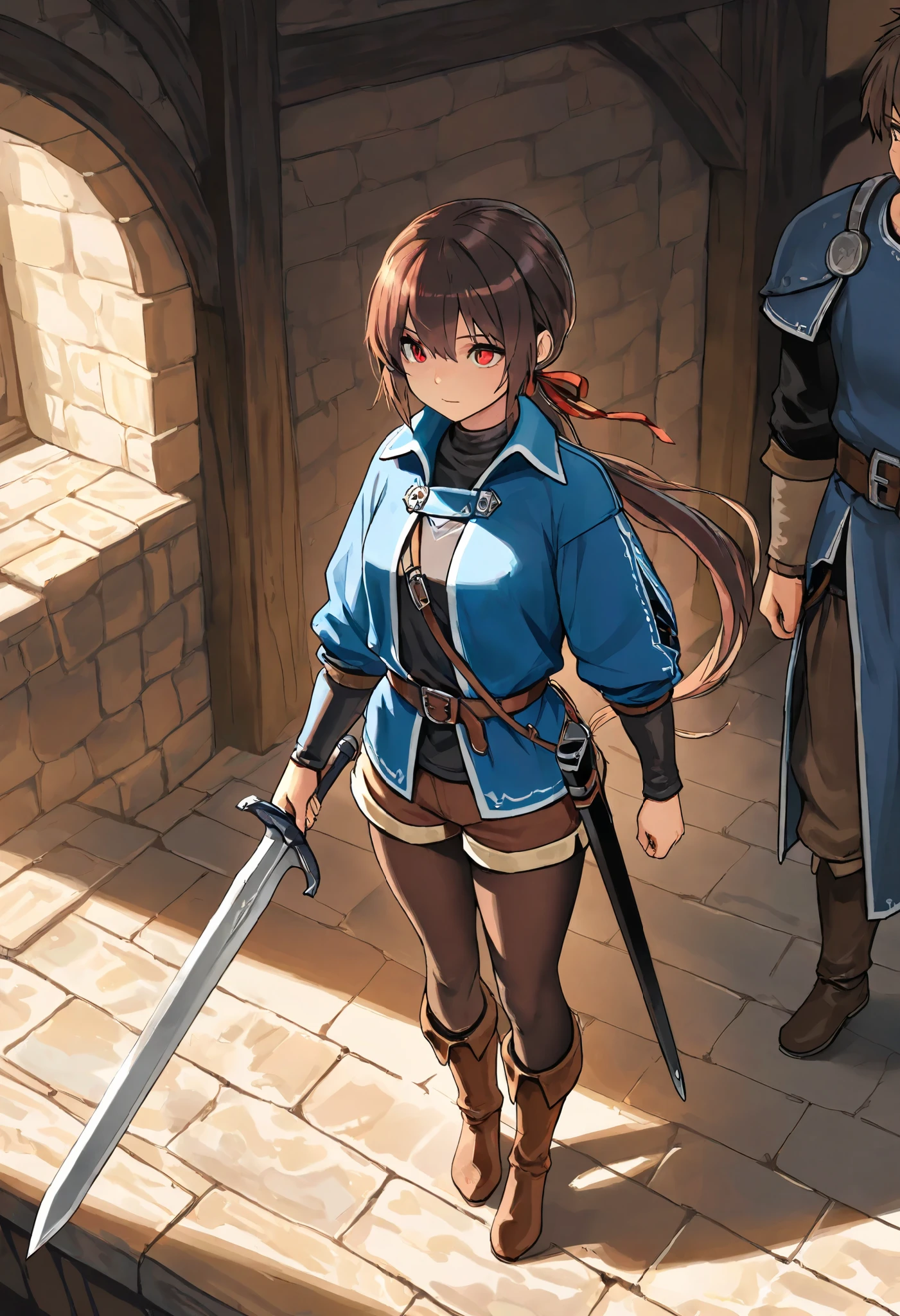 high quality,masterpiece,detailed depiction,One person,girl,Adventurer,fantasy,Deep red eyes,Dark brown hair,low ponytail,long thin red ribbon,long blue jacket,jacket with a collar,black shirt,brown shorts with white dowels,brown very long boots,A scabbard and a sword at the waist,brown tights socks,
