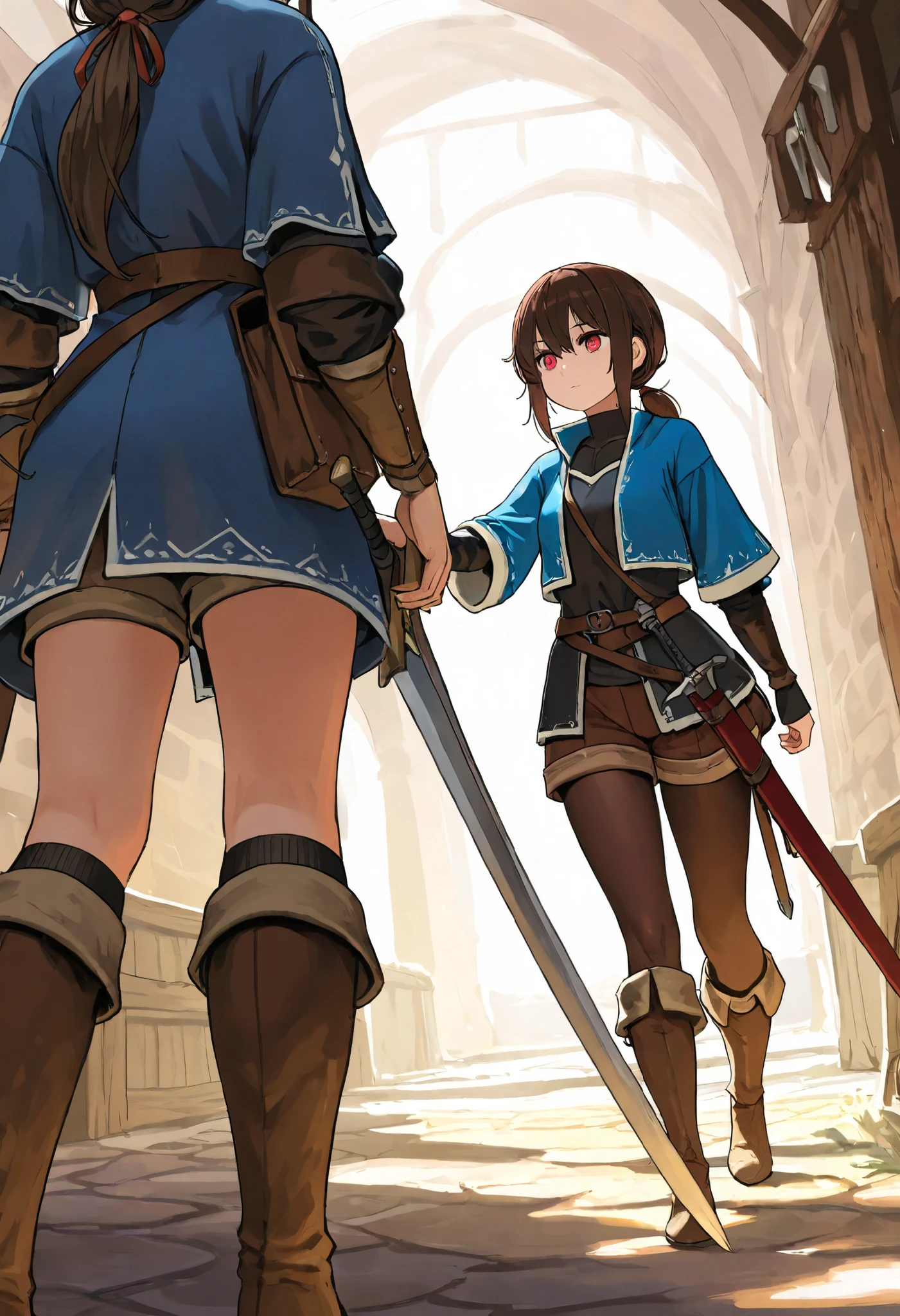 high quality,masterpiece,detailed depiction,One person,girl,Adventurer,fantasy,Deep red eyes,Dark brown hair,low ponytail,long thin red ribbon,long blue jacket,jacket with a collar,black shirt,brown shorts with white dowels,brown very long boots,A scabbard and a sword at the waist,brown tights socks,