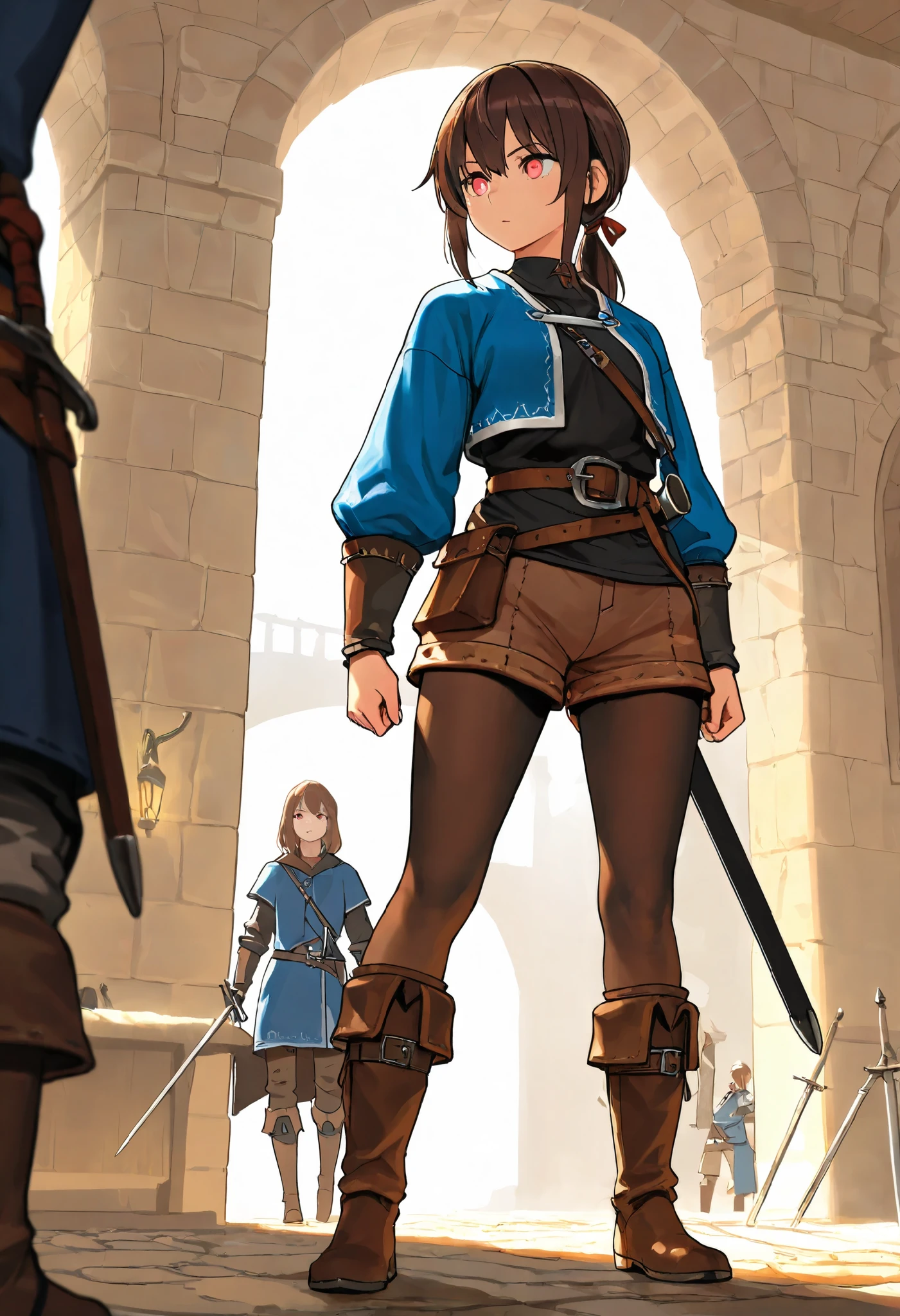 high quality,masterpiece,detailed depiction,One person,girl,Adventurer,fantasy,Deep red eyes,Dark brown hair,low ponytail,long thin red ribbon,long blue jacket,jacket with a collar,black shirt,brown shorts with white dowels,brown very long boots,A scabbard and a sword at the waist,brown tights socks,