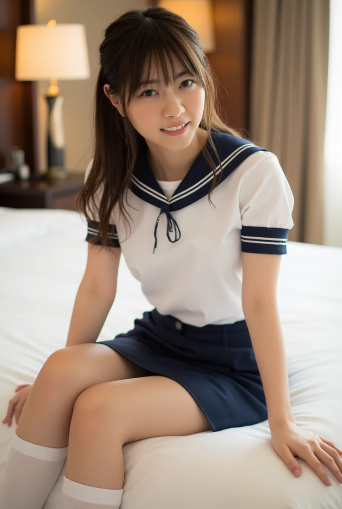 (masterpiece:1.2), super high quality, japanese girl, (super realistic), (super photographic style), 1girl,  (15 years old), tits, ((sailor school uniform)), lying on her back to a bed, smiling, thighs, 