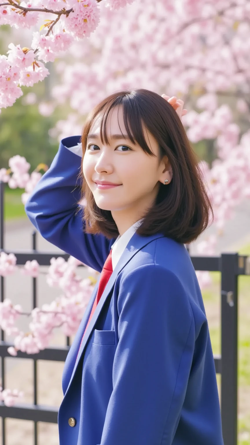 natural light、cherry blossoms in full bloom、A girl in uniform standing in front of the school gate、美しいfemale high school student、very detailed official artwork、Realistic 3d style、 surreal、(Smile like a smile)、beautiful girl、Attractive Appearance、 smiling woman 、female high school student, blue blazer、、white shirt、RED TIE, Touching hair