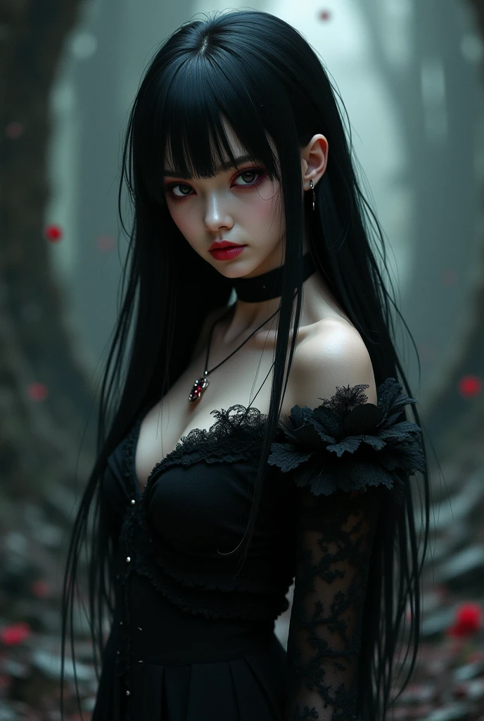 (highest quality、table top、8k、best image quality、Award-winning work、Ultra high definition)、Creepy and horror beauty、(upper body photo:1.1)、(slightly pregnant:1.1)、(spider web on the background:1.05)、Are standing、(zombie beauty:1.2)、(Bloodまみれの顔:1.2)、出Blood、Blood、Blood液、(Zombie Makeup:1.1)、(pure white and creepy skin:1.2)、long straight hair、black eyeshadow、black nightgown、(around the eyes:1.05)、(black lips 1.05)、(very long bangs:1.1)、long hair、(In a dark and eerie forest:1.2)、Terrible night、dark thriller atmosphere、Spooky fog、small cleavage、A cold smile staring at me、blurred background、upper body photo、accurate anatomy、Ultra-high resolution face、ultra high resolution hair、Super high resolution sparkling eyes、ultra high resolution black lips、(Super high resolution perfect teeth:1.1)、Creepy face drawn in detail