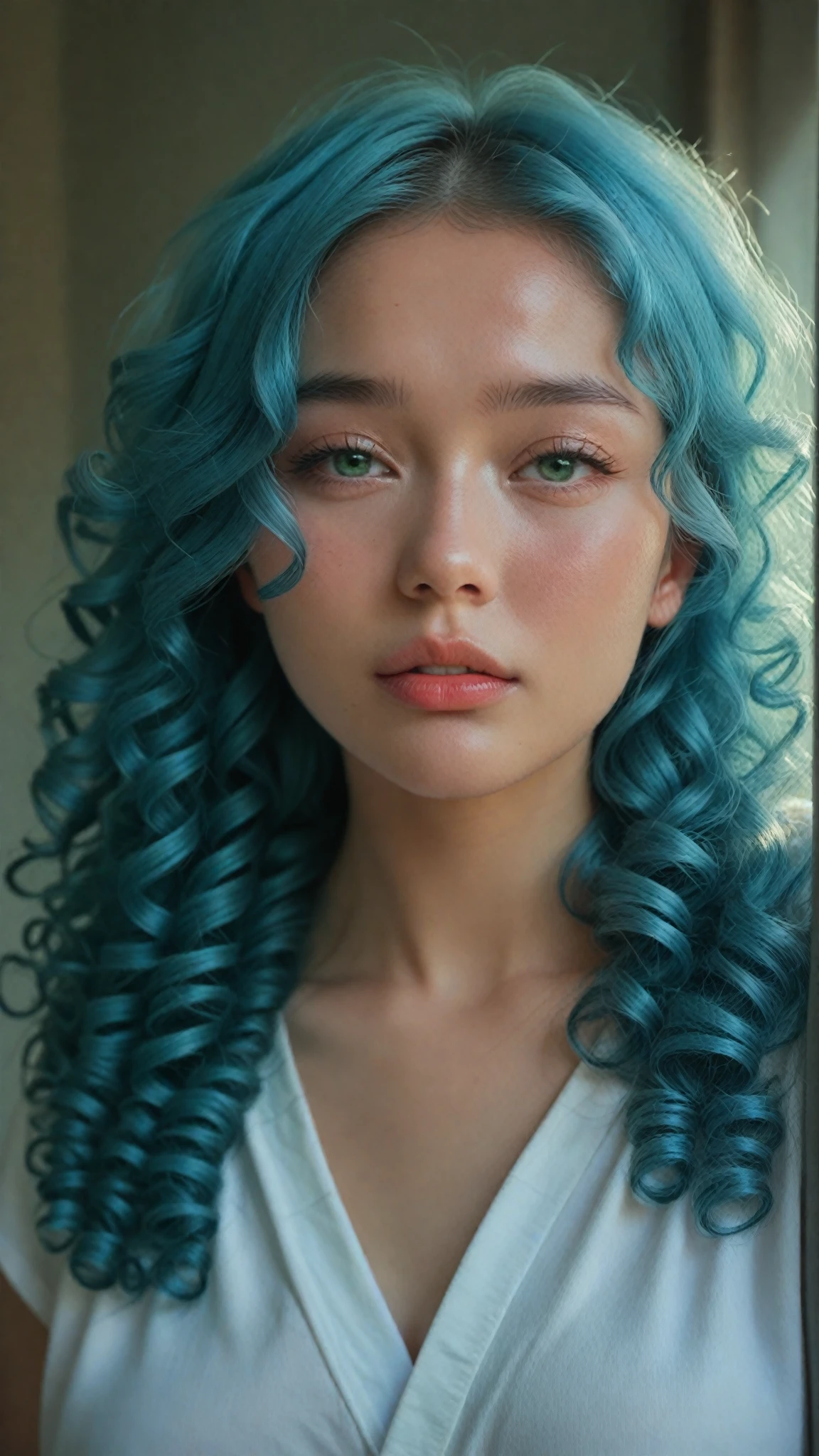 She's super made-up, blue eyes,  Short blue hair , Korean, (She's super made-up, Long curls, outlined)