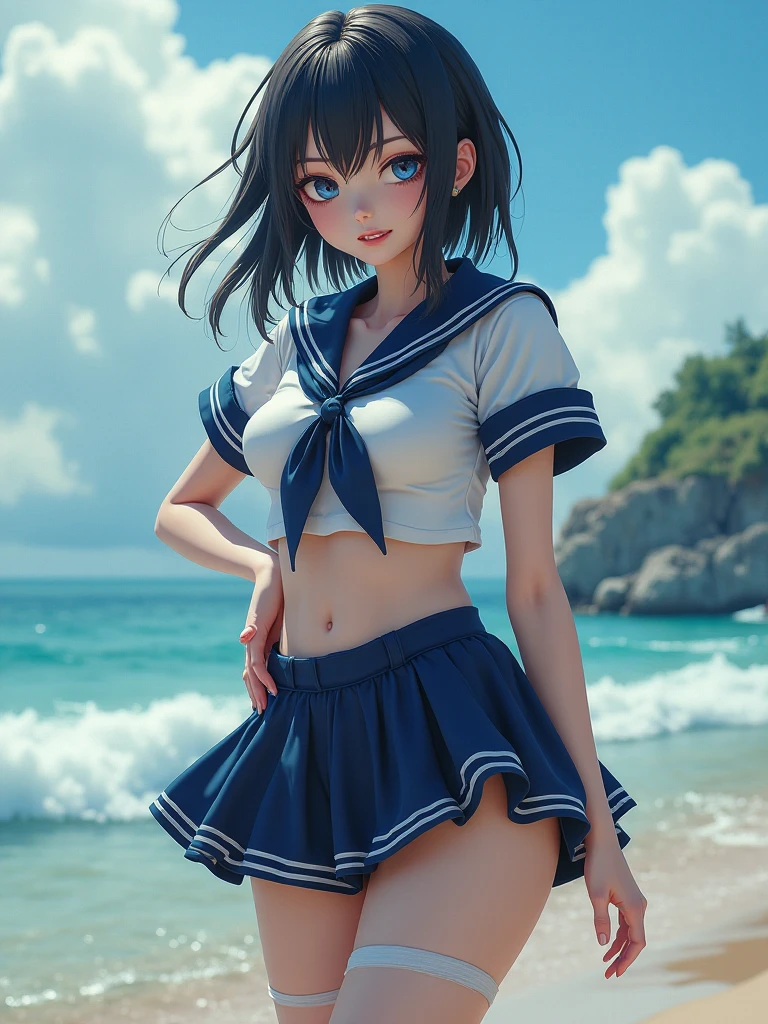 (((toppless))), (((Show off ))), (((Showing off the legs of the spread tread))), (((large full breasts))), (((show off cleavage))), extremely detailed CG unified 8k wallpaper, very fine 8KCG wallpaper, (masterpiece, Best Quality), High resolution, Ultra-detailed, ultra-sharp, 1 girl, full ,Naked, in beach, ((( Light sailor shirt, Sleeveless, Open front))), (((Navel ))), (((Sheer Micro Mini Skirt))), (Beautiful face, Cute face, Detailed face), (((Detailed beautiful eyes))), BREAK, (((Sunny))), Perfect Eyes Eyes