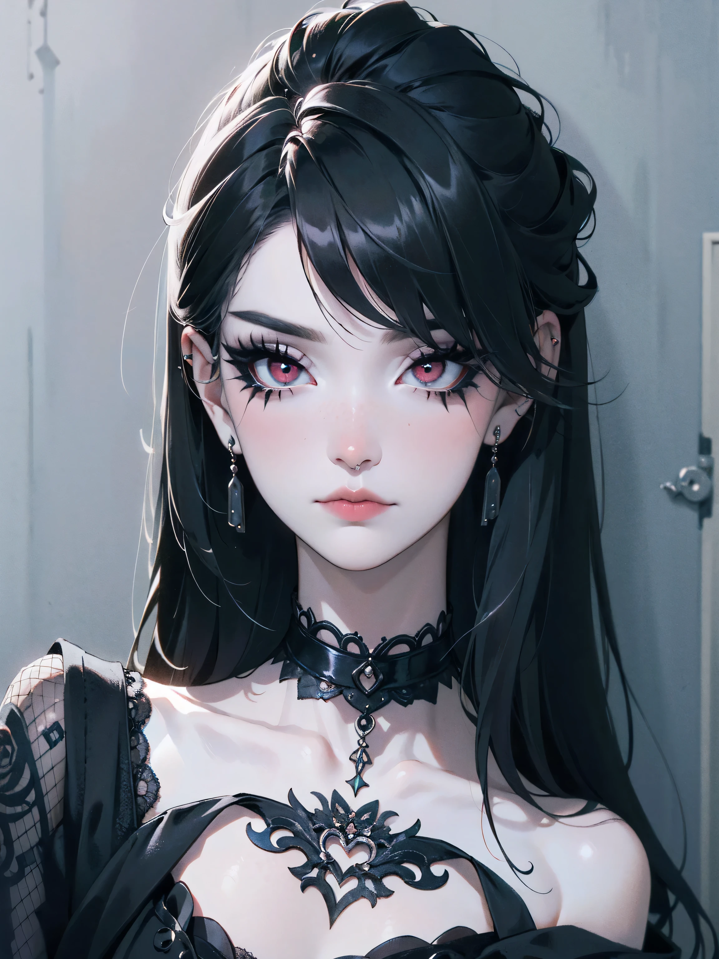 emo_hairstyle,, black tie, ((long hair)), ((straight hair)), (((black hair))), white skin, pale, white, , tired expression, choker, ((dark makeup, mascara, eyeshadow, tattoos)), multiple piercings, best quality, 8k,, erotic, slytherin, (fishnet outfit, lace)