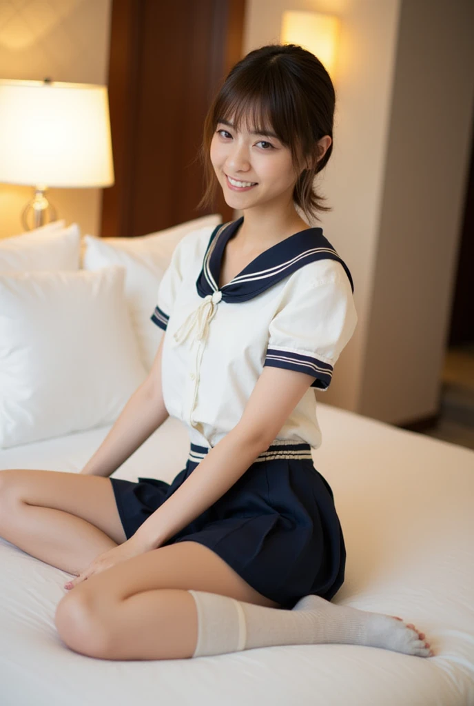 (Super reality:1.2), (digital art, digital illustration, 4k, 8k, Super detailed, beautiful images, clear image, (realistic), (RAW photo:1.3), perfect face, perfect lines, perfect eyes, Accurate body shape,   dark lighting) , 1 Japanese cute girl after school, solo, school uniform, (sailor suit, serafuku:1.3), (short cut hair style:1.3), Beautiful face, amateur girl, sexy gyaru:1.3, ((showing panties)), so japanese young Idol, full chest, slim body style,  (Inside the hotel, American size bed room, Antique furniture),  Precise arms, precise hands and fingers, Beautiful hands and fingers, small smile, Beautiful thighs, (cowgirl position, open legs, on bed), sexy pose, POV