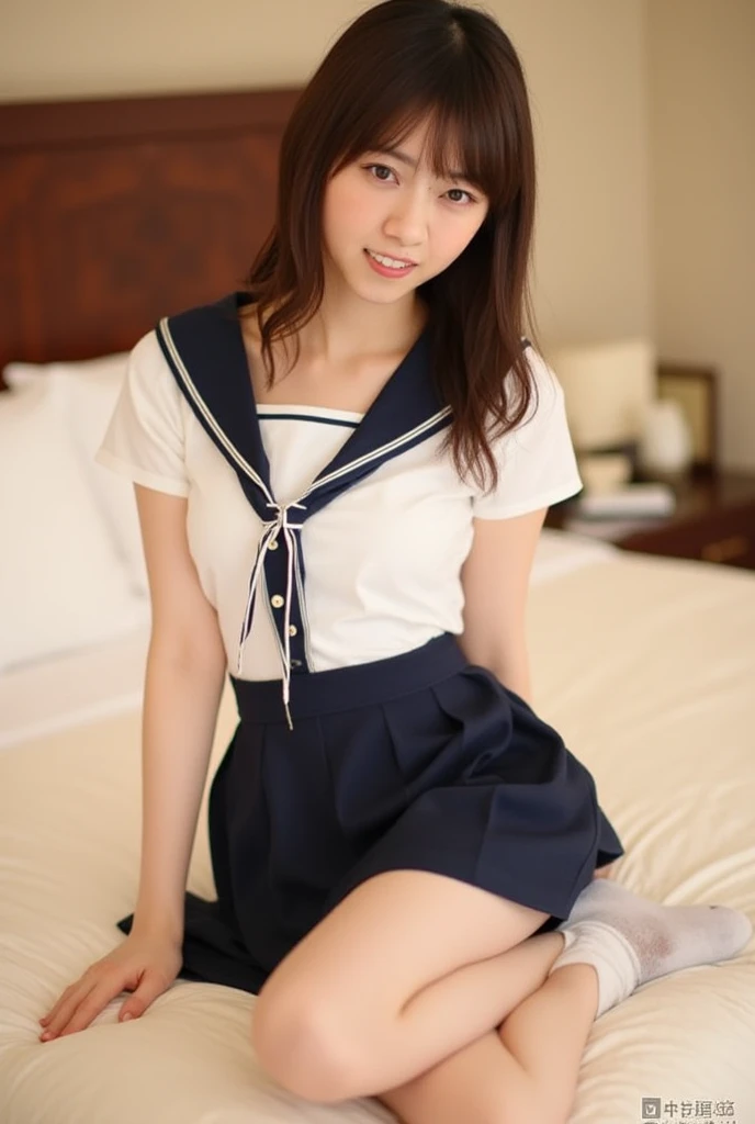 Japan girl clothes、navy blue sailor suit、navy blue super mini skirt、Red triangular string panties can be seen through the lifted skirt.