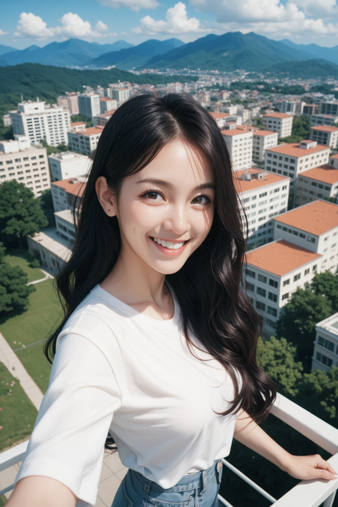 best quality, masterpiece, ultra high resolution, (actual: 1.4), original photo, wallpaper, avatar, skin, simple background, black eyes, detail, Selfie, 1 girl, 22 years old, charming smile，breeze, Sunlight, balcony，flowers