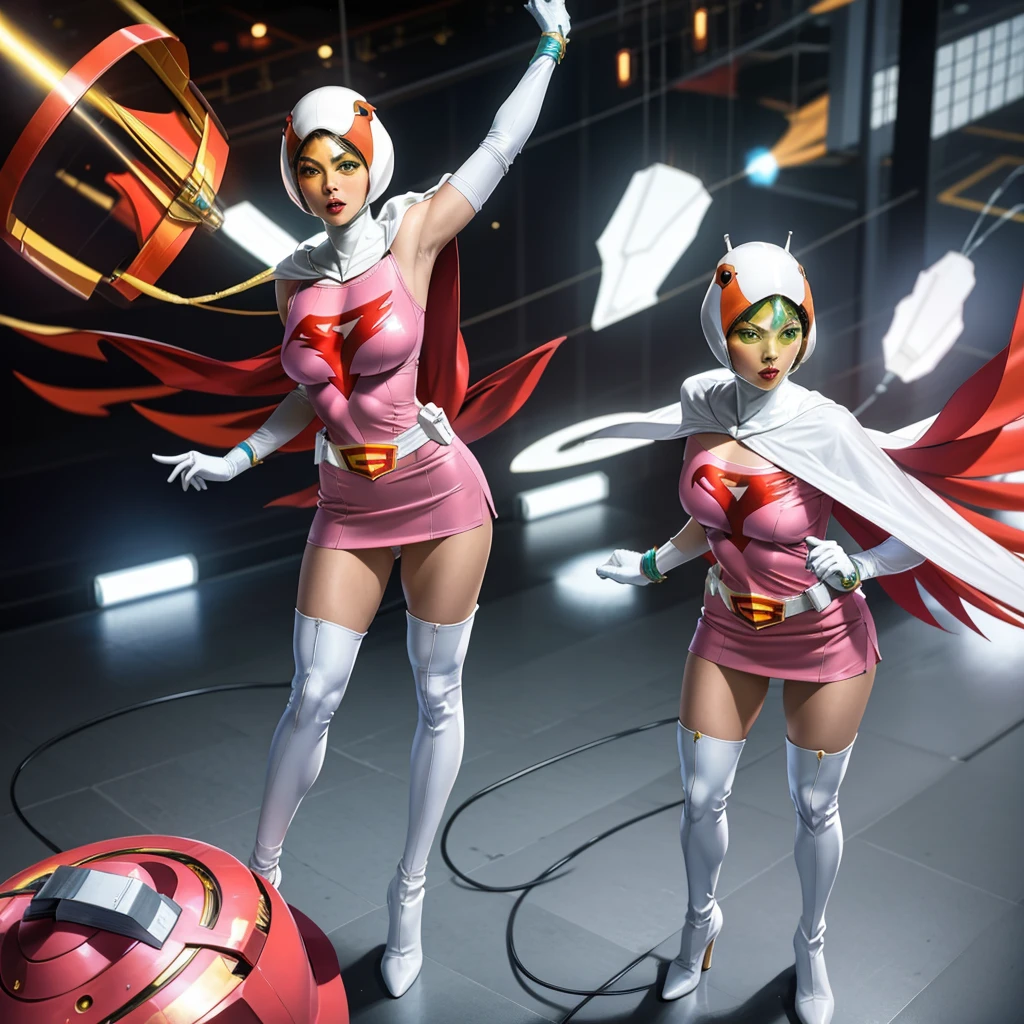 ANI_CLASSIC_jun_gatchaman_ownwaifu,1girl, 15 years old,good anatomy, masterpiece, best quality,realistic, hyperrealistic, 16k hdr,breasts,green eyes,lips,large breasts,lipstick,makeup,gloves,cape,helmet,belt,elbow gloves,white gloves,mask,ultra miniskirt,leotard,spacesuit,white tight overknee highheels boots,pink dress,superhero,bodysuit,cleavage,erected nipples,((standing pose,spread legs, arms up straight)),cameltoe
