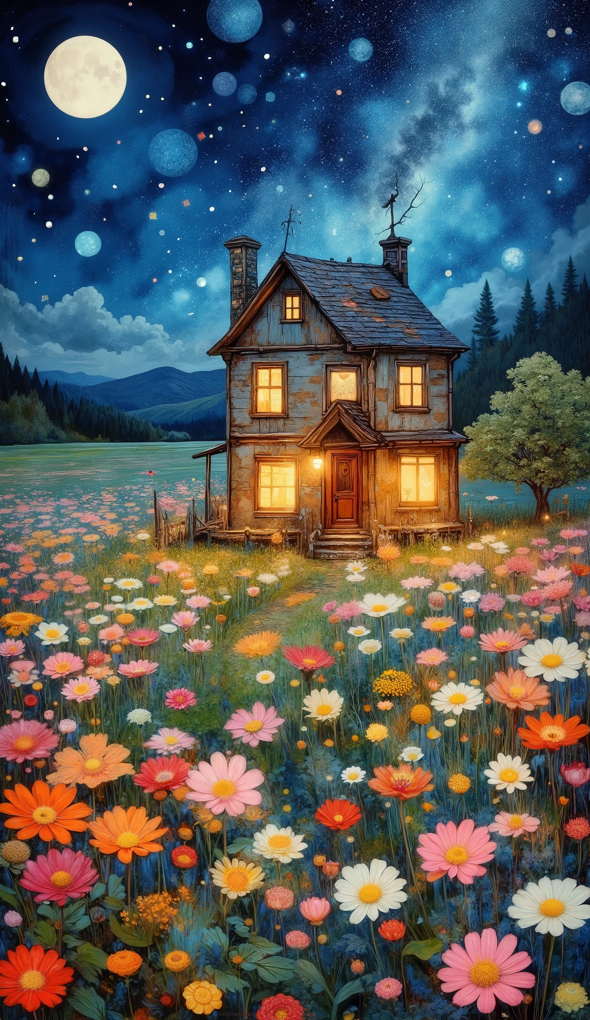 Painting of a house in a field with flowers and a bird, Moonlight shines on wild flowers , field of flowers at night , Dreamy illustration, Cozy night fireflies , quiet night. digital illustration, Picture of a starry night , beautifully illustrated, Jane Newland (New Zealand) (New Zealand), night sky full of flowers , Night scene, blurry and Dreamy illustration, illustrated in a whimsical style , Night in the Moonlight, Chiaroscuro, cinematographic lighting, UHigh Definition, retina, masterpiece, Precise, Anatomically correct, textured leather, super detail, tall details, high quality, awarded , best quality photo, highres, textured leather, 1080P, High Definition, 16K
