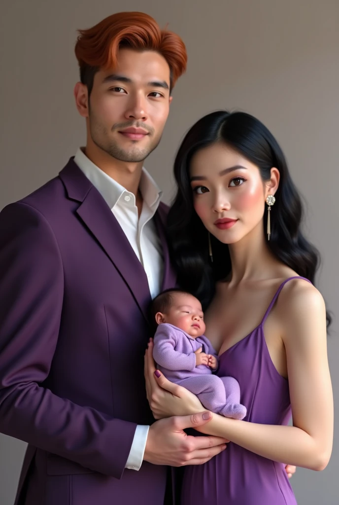 Studio Photography, close up, 3 peoples, Indonesian, a woman aged 25 years long haired holding one baby girl aged 6 months wearing cute headband and princess dress sits on recliner chair, standing beside them there's a man very short crew hair aged 33 years, beside him there's all wearing exclusive pink sky suits and long dress in pink color, set in a studio with dark pink floral patterned walls, green flower vases, side tables, fresh color, 8k, photography, UHD.