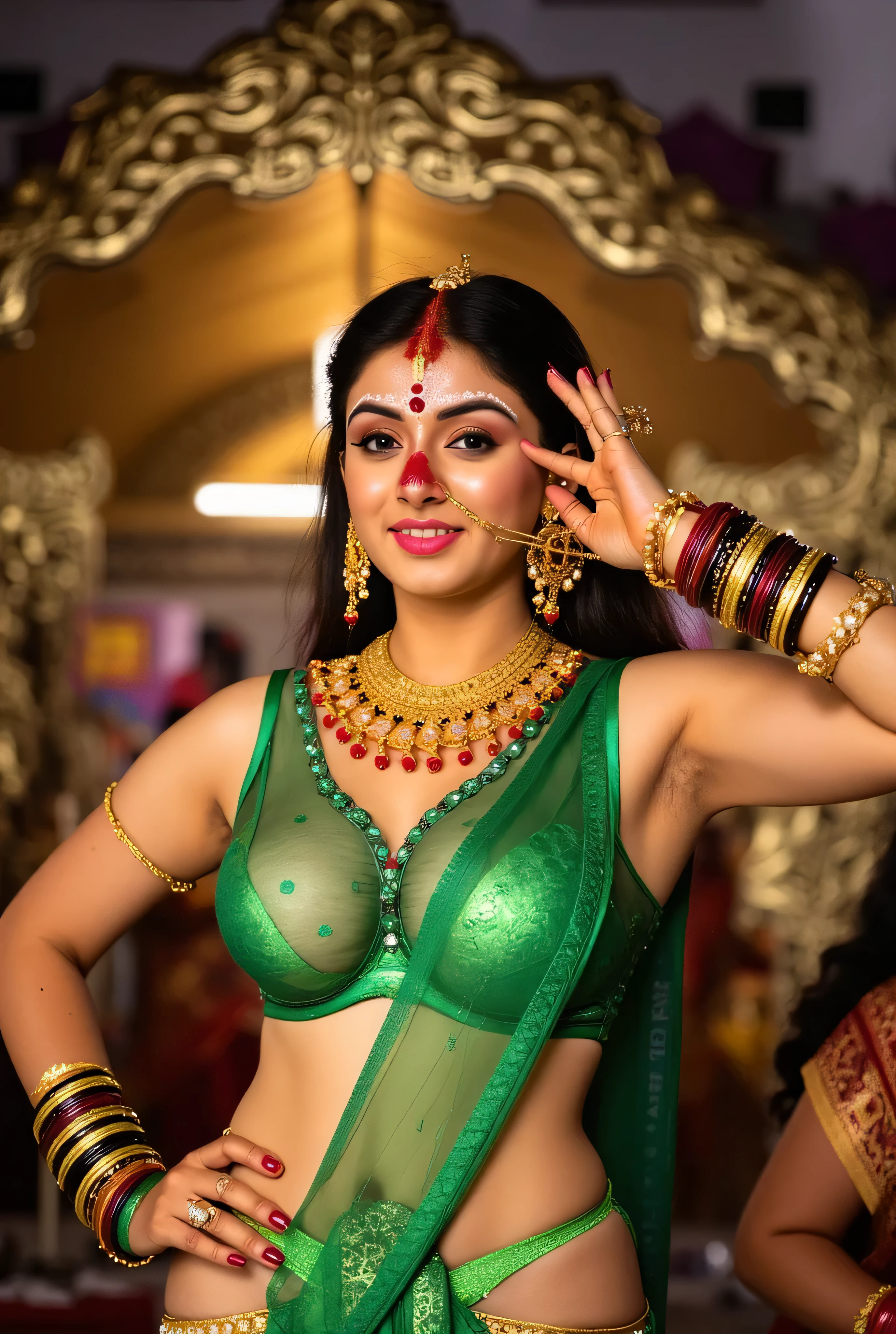 Glamorous figure, huge breasts, Plump chest, green sheer underwear MCharacter opening front leg, hindu tattoo all over her body, 'OM' necklace, sindoor on her forehead, sindoor spill on her nose and breasts, hindu temple in background, blur background