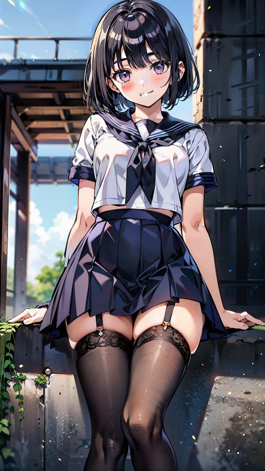 1womanl,Black hair,Blue Ribbon ,((Surprised look)),Beautiful breasts,White shirt,Blue Dress,well-styled,,(Facing the front)(((Blushing cheeks、embarassed expression)),(((The skirt is rolled up by the wind)))