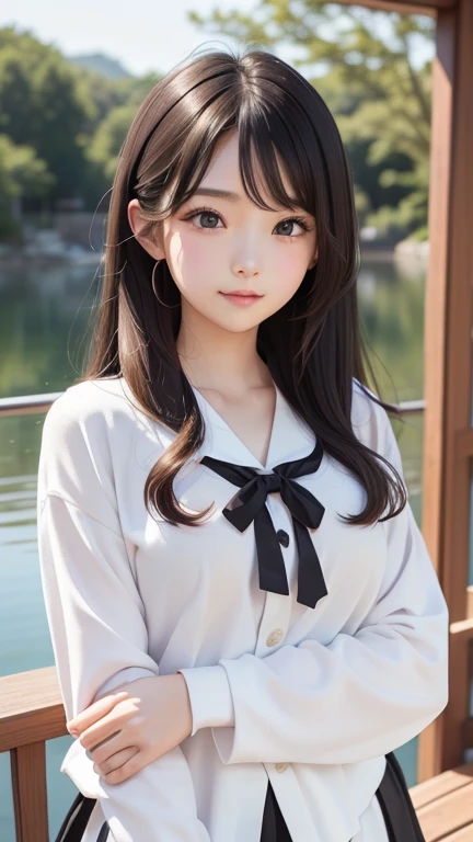Beautiful 12 year old Japanese woman), Cute face, (deeply carved face:0.7), (freckles:0.6), soft light,healthy and white skin, shy, (serious face), thin, laugh, Uniform, ponytail