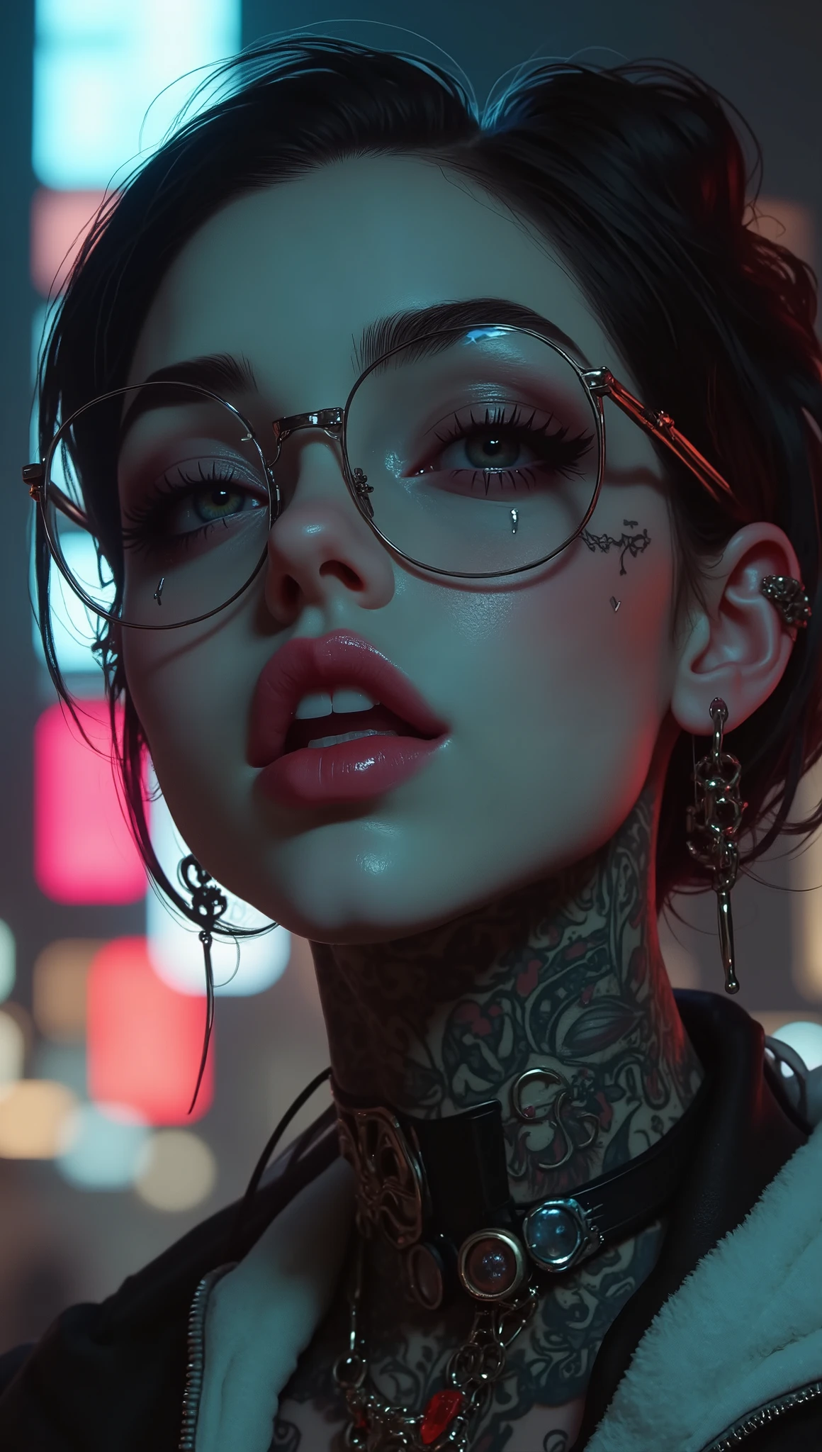 ((centered image, a close up of a woman with tattoos on her neck and face , Beautiful face of a cyberpunk girl , great digital art with details, wearing glasses you can see the reflection in the glasses of the glasses :1.5)), digital art. slurp , Detailed woman, full lips in the style of Angelina Jolie , long false eyelashes , eye makeup blushed lips and cheeks , wears earrings all over the ear like piercings and has a ring embedded in the ovum of the ear, a piercing on the lips and nose , , Brandon Woelfel, tattooed face, tattoos and piercings, realistic digital art 4k, realistic digital art 4 k, tattoo style, cyberpunk art style, Girl with glasses , Chiaroscuro, cinematographic lighting, Optical illusion , High Definition, UHigh Definition, retina, masterpiece, Precise, Anatomically correct, textured leather, super detail, tall details, high quality, awarded , best quality photo, highres, 1080P, High Definition, 16K