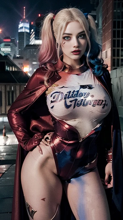 Margot Robbie as Harley Quinn (Suicide Squad movie) wearing a skimpy Harley Quinn (Suicide Squad) outfit, beautiful girl, nsfw, thick thighs, busty, cleavage, not safe for work, nipples, perfect vagina, trimmed pussy hair, thick pubic hair, dark inspired makeup, able to see nipples & pussy through clothing, city background, daylight,