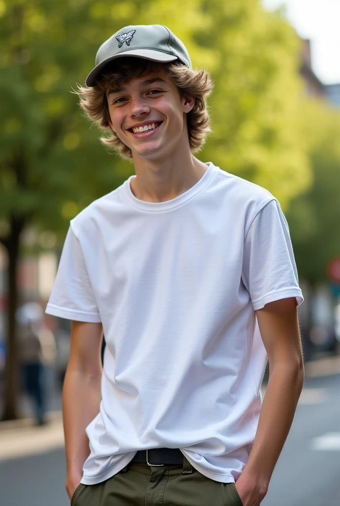 Male Teen in white t-shirt tuck in black trousers