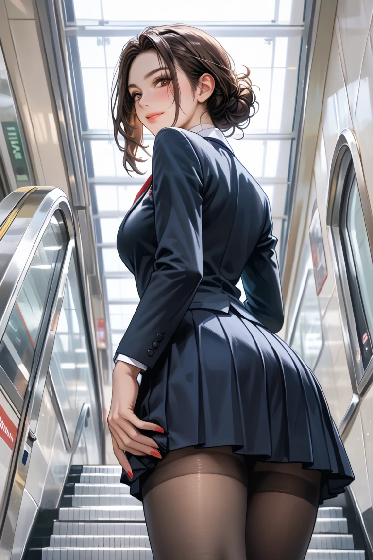 ((highest quality)), ((masterpiece)), (Familiar), A high school girl riding an escalator on her way to school、Glare、Navy Blazer、mini skirt、Navy blue socks、Rear view、Secret photos、(View from directly below)、Navy blue socksのクローズアップ、mangaコマ割り、Manga style、manga、Station Escalator、Everybody line up on the left、顔のみのコマとRear view、Skirt flip、Camel Toe、Giant tit、Nipple Puffs、Cleavage、Plump、Super big breasts、Super big butt