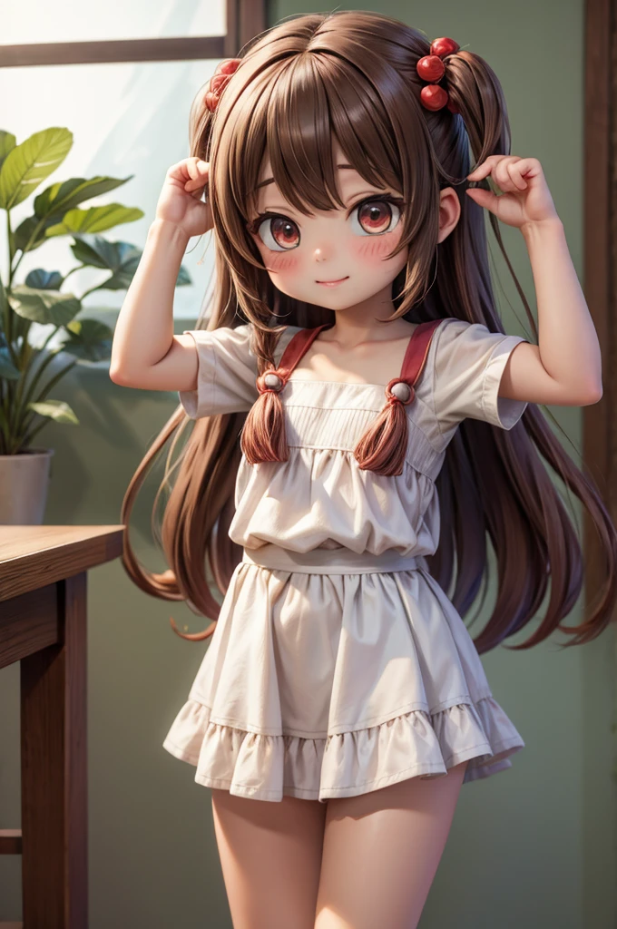 1girl, sozinho, Umamusume, menina do cavalo, Orelhas de Cavalo, Rabo de cavalo, olhos castanhos, brown hair, cabelos longos, Sorriso leve, arco da orelha, saia babada, saia verde, saia de cintura alta, mangas curtas inchadas, fino, delgado, (Japanese:0.8)
