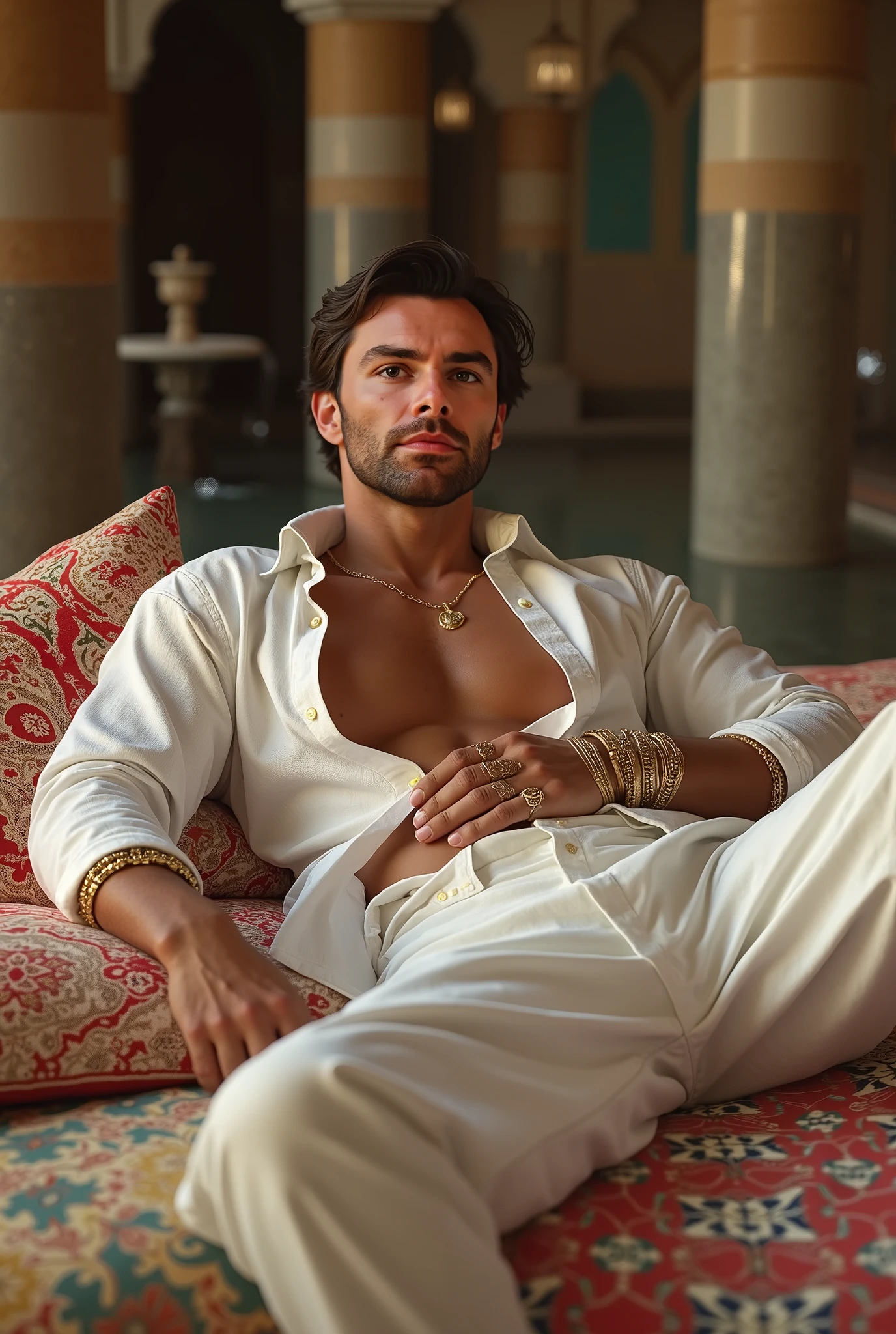 ( Masterpiece , photorealistic:1.4, Extremely complex:1.3), (photon mapping, radio glow, , physical visualization , Ultra High Definition, hyperrealistic, photorealistic:1.4, hyperrealistic, 8 k), ((((powerful, muscular 37-year-old man, (Caucasian appearance , brunette, very pretty face,  almond-shaped eyes, confident look, white linen shirt, half unbuttoned, bare chest, white linen pants on his feet, man without shoes, gold bracelets on the arms, massive gold rings)), dark eyes),  Very sexy,  hot , desirable  ((((background — Arabian Palace, hall with pillows and a fountain), lies on multi-colored Arabian pillows and looks erotically with desire in her eyes)))