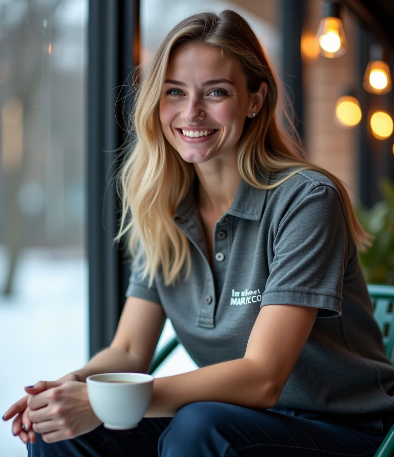 her name is Olivia, high quality, 1girl, ((27-year-old fit Caucasian woman)), ((27 years old)), ((BODY TYPE: HOURGLASS)), ((Ponytail HAIR)), ((EYE COLOR: Light blue)) pose: SITTING and ARMS CROSSED, wearing Casual Shirt and Short Generation-Z modern wear VARIETY colored, BACKGROUND: " A rustic lodge nestled in the forest, with a roaring fire and wooden tables."