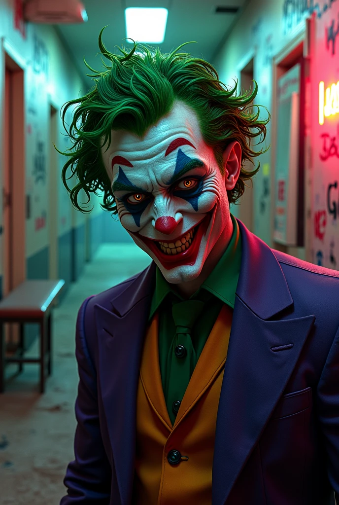 Gotham version joker with yellow smile, inside a green bubble with the background of the image full of credit cards and toxic smoke