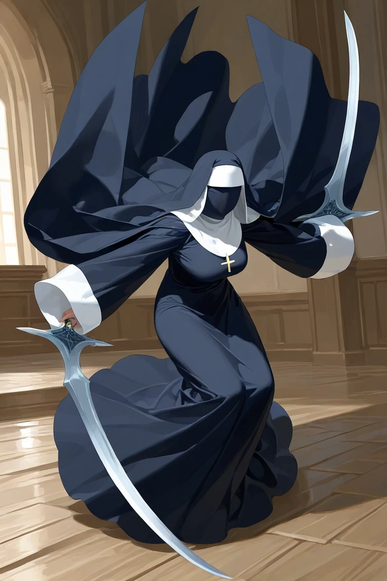 Solo, 1girl, tall women, cape over shoulders, nun outfits, long skirt, faceless, veil face /(Veil covered face)\, sleeves past wrists, sleeves past fingers, arms blade, attack, dark blue long cape, cape flap out. cloak, overly long sleeves, wide open loose sleeves, room,