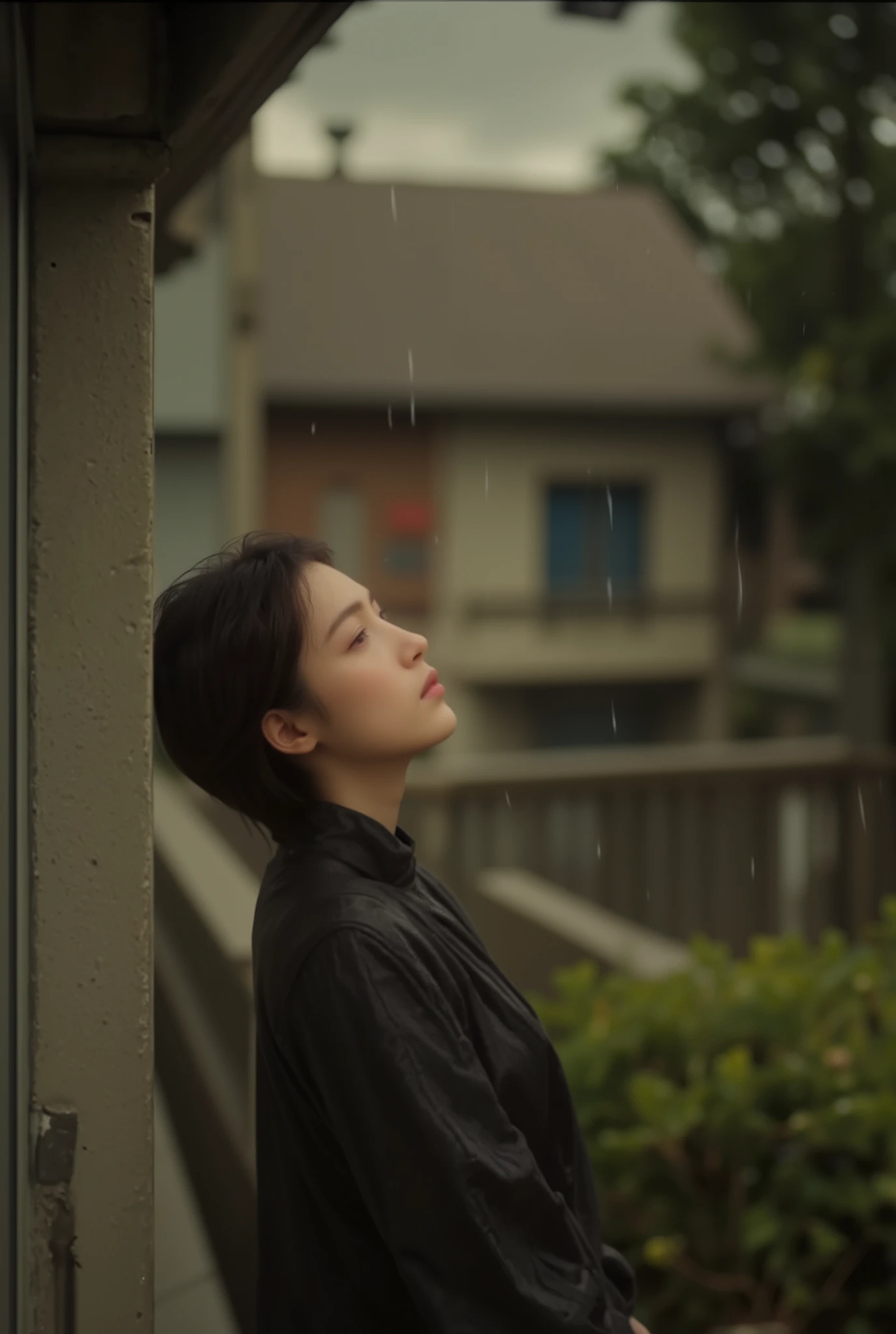 Back view of a woman staring at raindrops on the eaves, Nice composition with raindrops as the theme, (Dutch angle, from below, dynamic angle), Attractive Woman, The moment one raindrop falls from the eaves, Attractive raindrops, (A woman staring at it , A reality filled with lonely hope and sorrow, Looking at a rainbow that doesn't exist), Expectations for ideals, Melancholy eyes with sex appeal, Empty Expressions , A wonderful expression that attracts you, Look at the raindrops on the eaves with your own eyes, Rain that continues to fall and rain drops falling on the eaves,