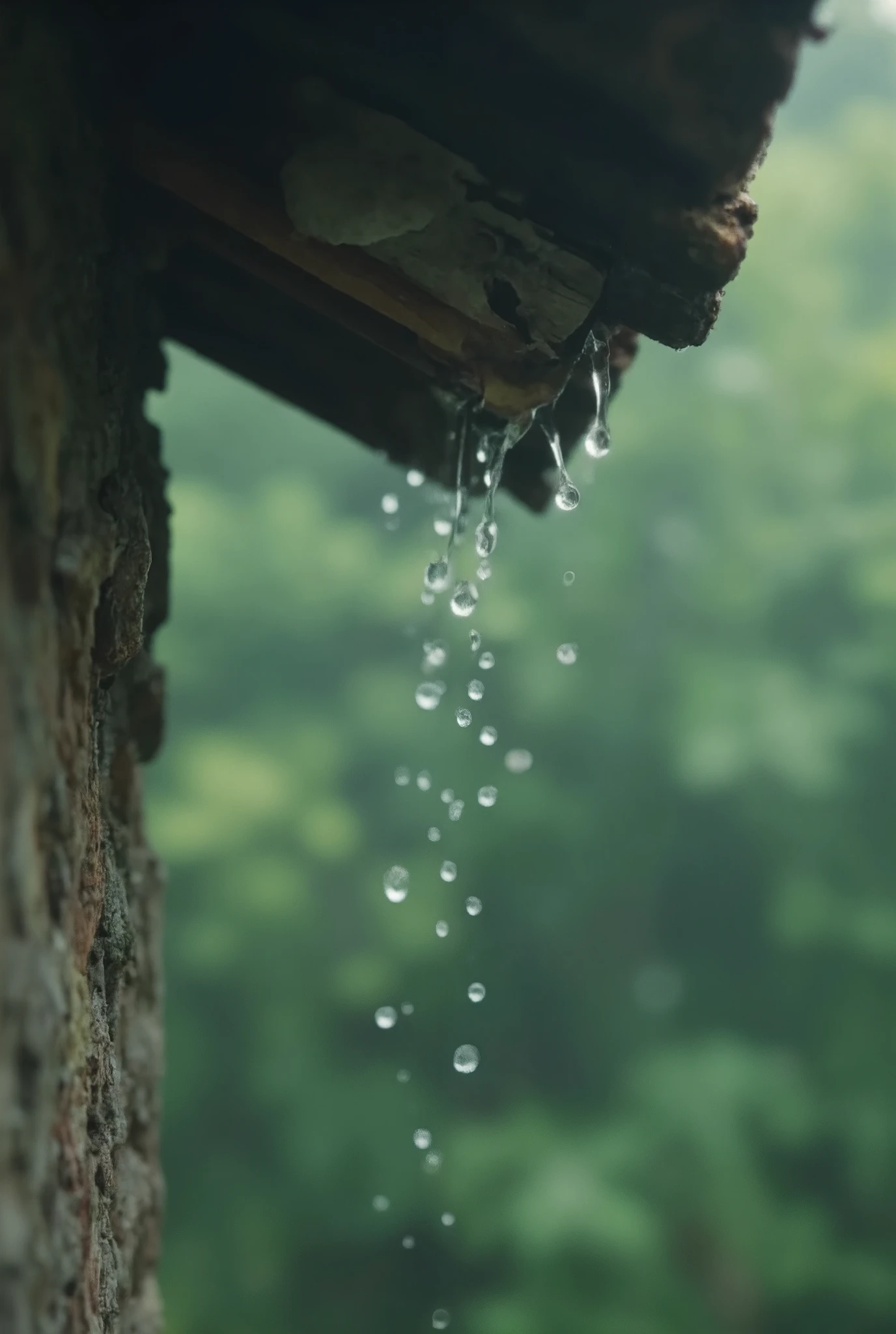raindrops falling from the eaves, (Close-up, Dynamic angle, close-up), (A Drop of Rain, Transparent Reflections, Transparent Truth, Clear in Chaos, Sparkling Hope, Falling from the Eaves, Impression of Falling), ROUGH