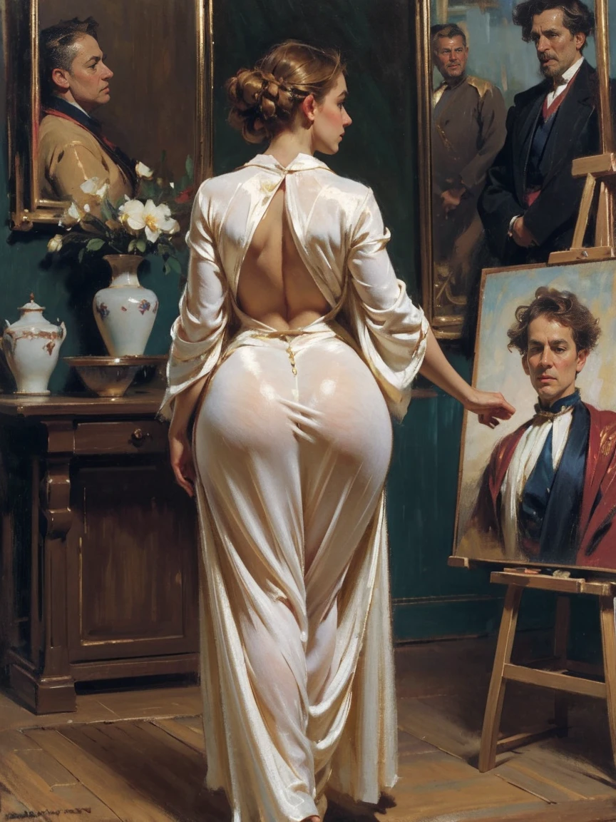 sexy brown haired curvy women, wearing only apron, cleaning mirror, gloves, slippers, hair bun, no clothes only apron, nude