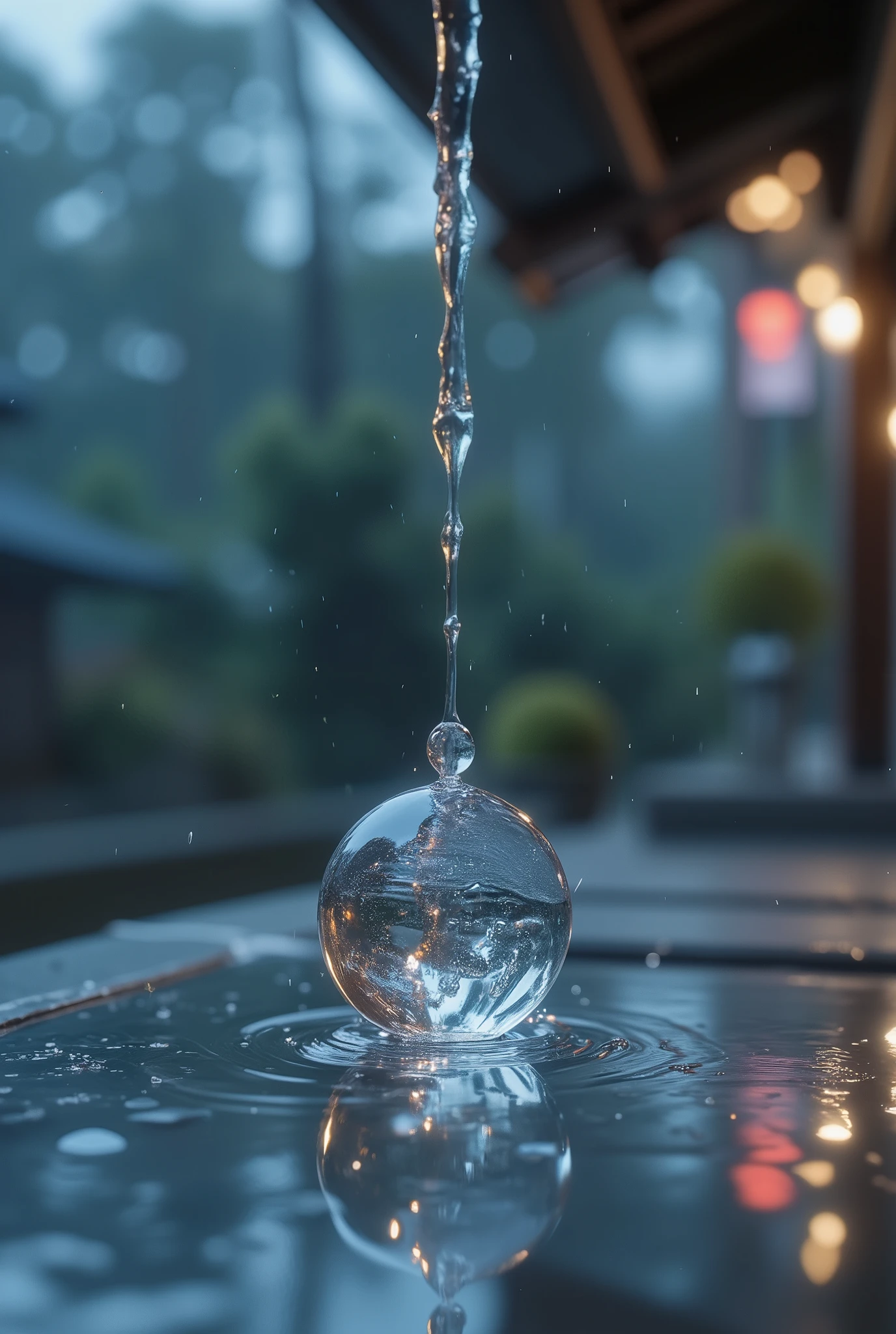 A raindrop falls from Yagasaki, Close up of raindrops, (Close-up, Dynamic angle), (A Drop of Rain, Transparent Reflections, Transparent Truth, Clear in Chaos, Sparkling Hope, Falling from the Eaves, Impression of Falling), ROUGH