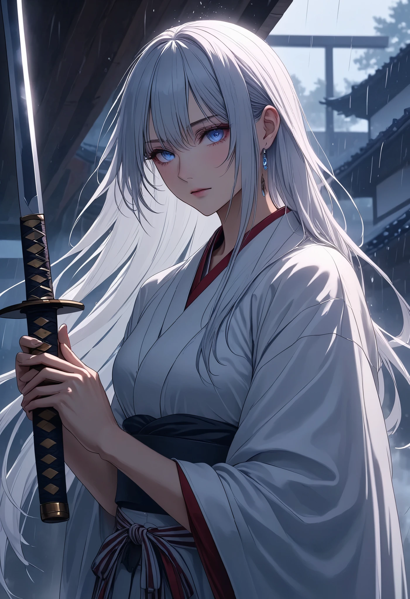 Anime girl with white hair holding a sword in a courtyard - SeaArt AI